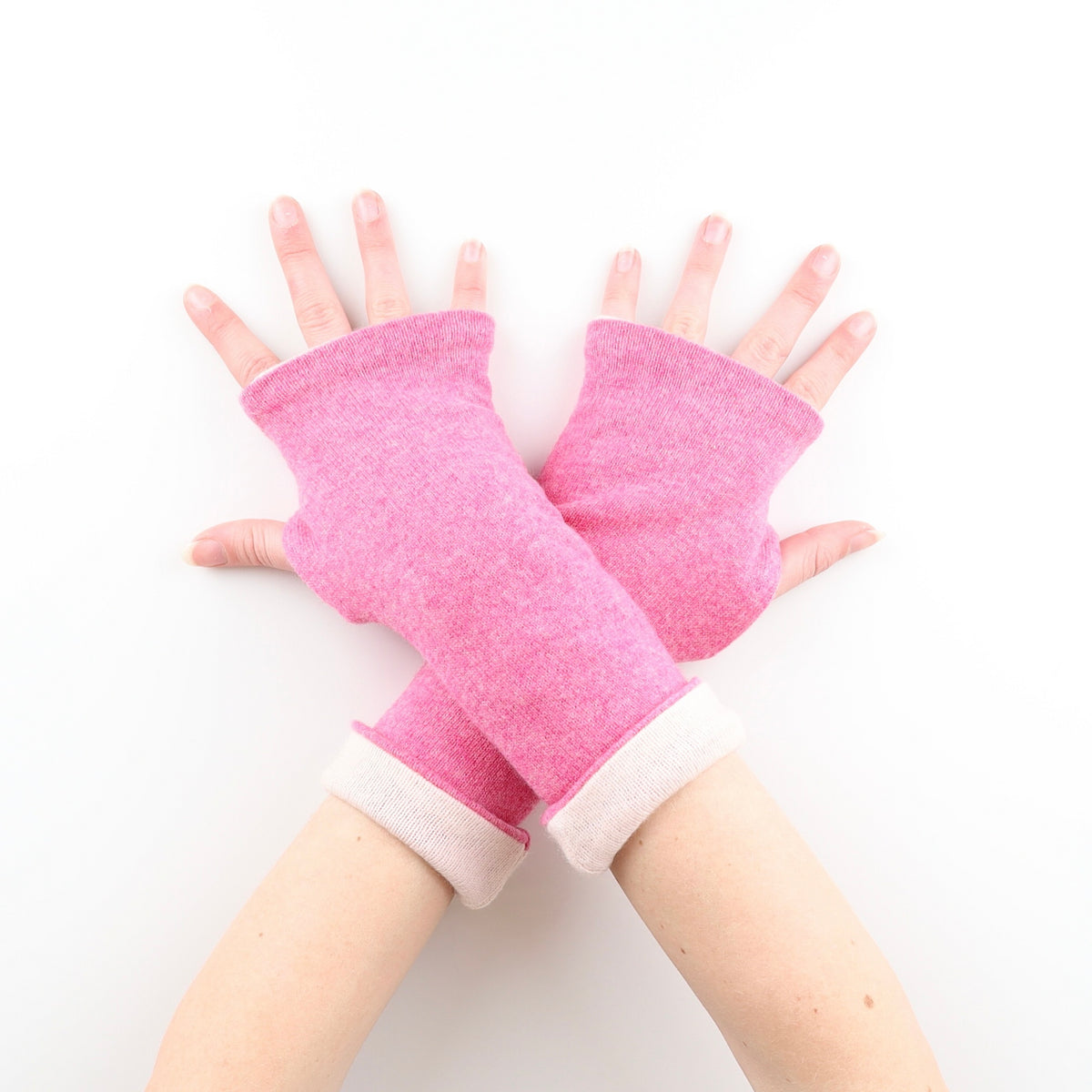 Raspberry Pink and Cream Reversible Cashmere Fingerless Gloves