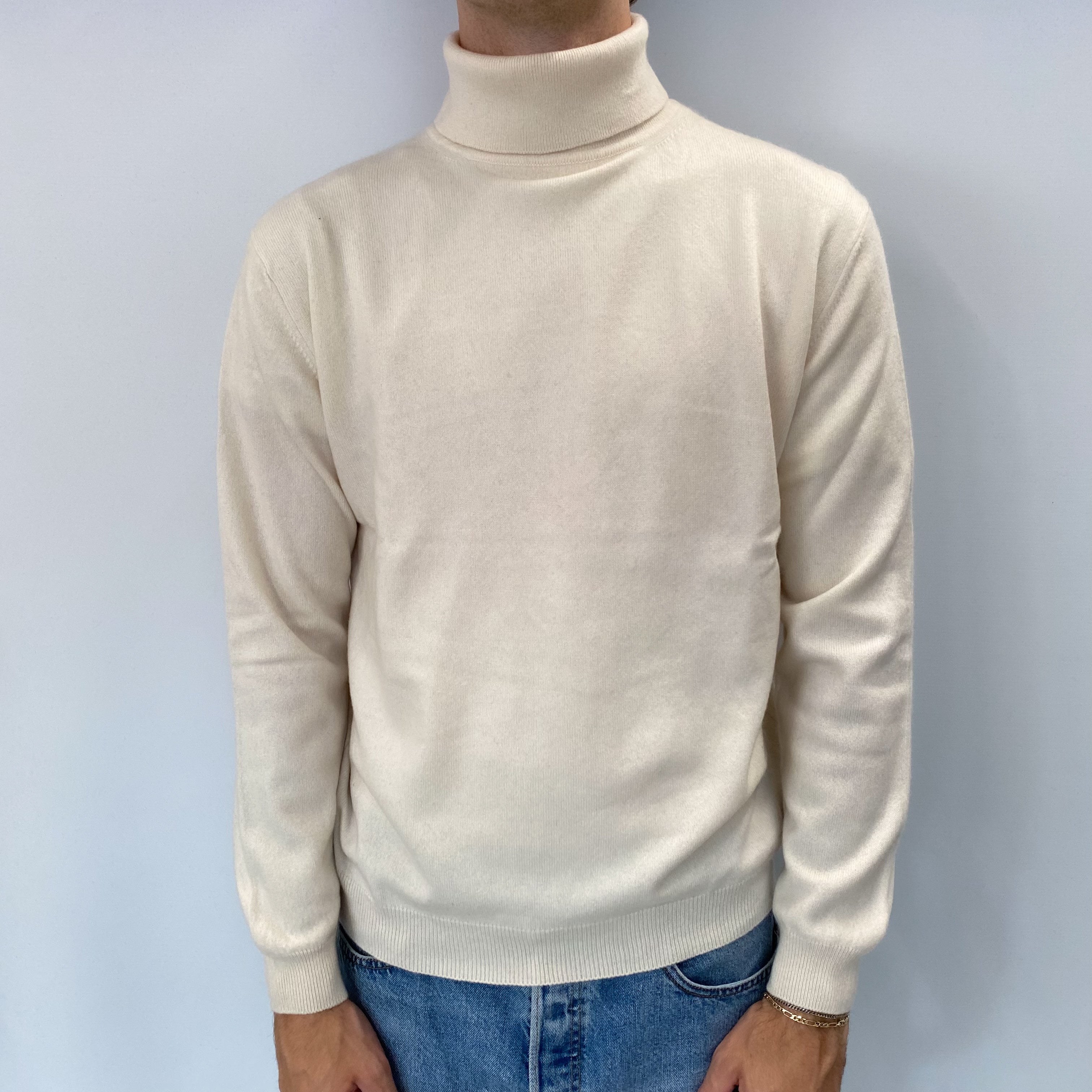 Men's Winter White Cashmere Polo Neck Jumper Large