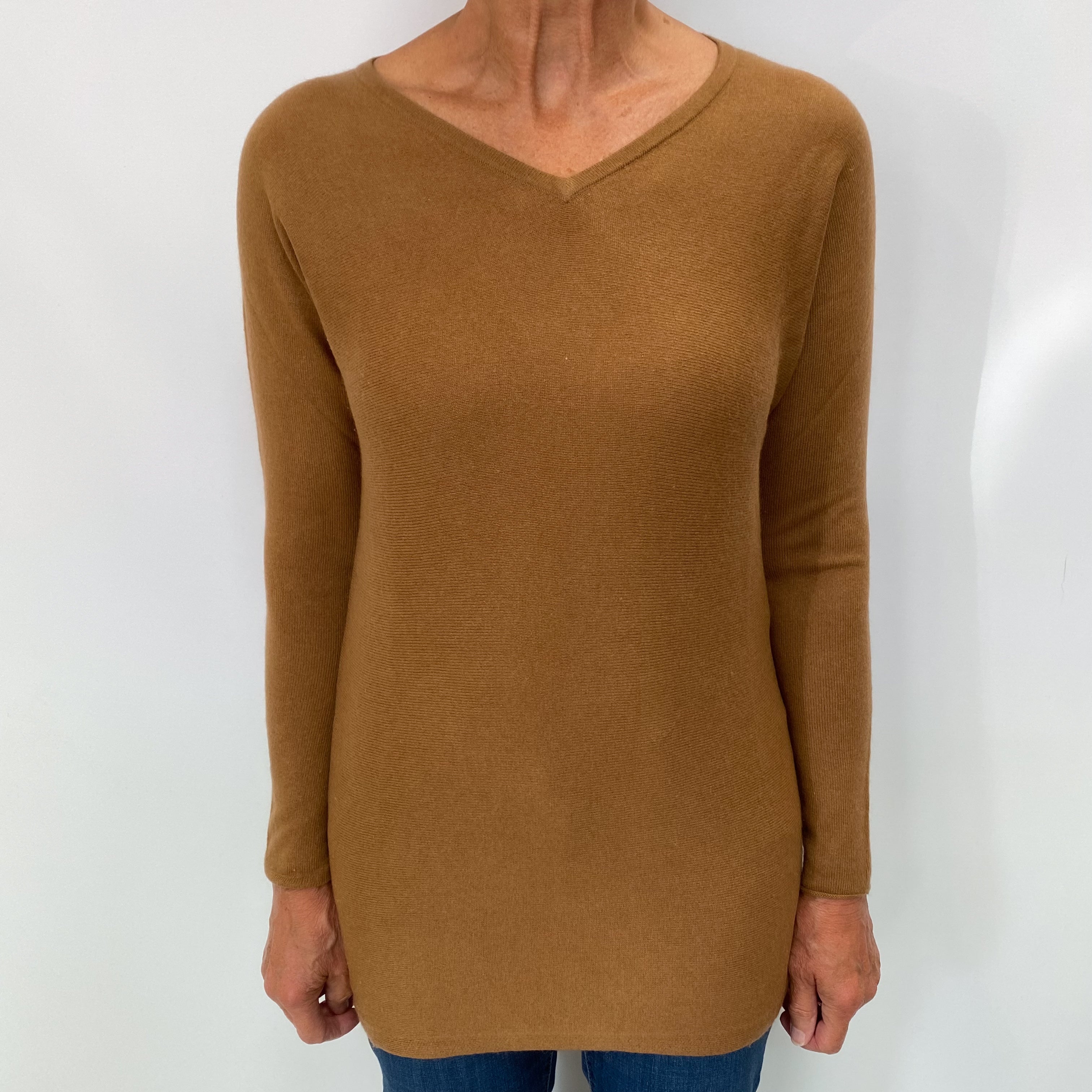 Tan Brown Cashmere V Neck Longline Jumper Medium