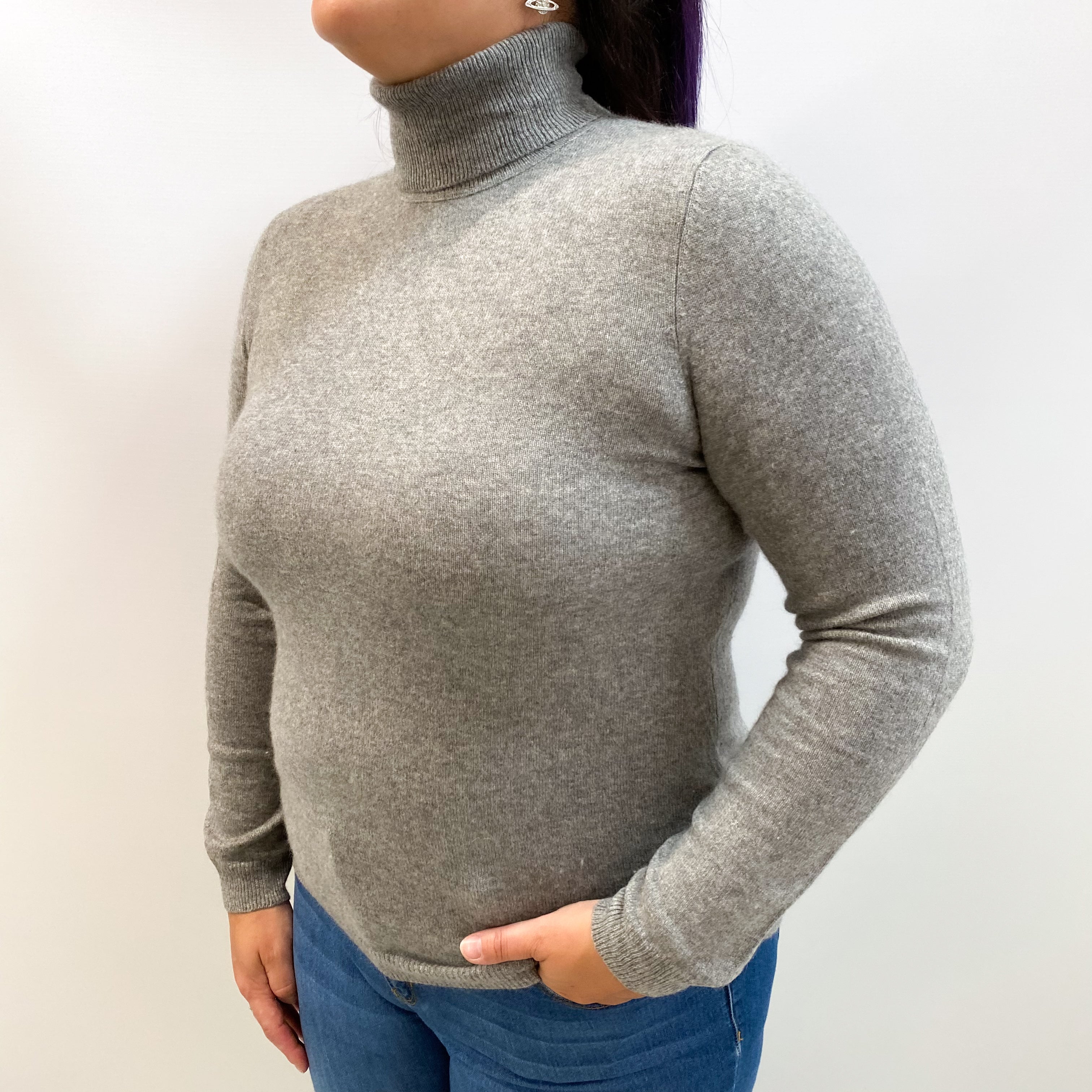 Ash Grey Cashmere Polo Neck Jumper Large
