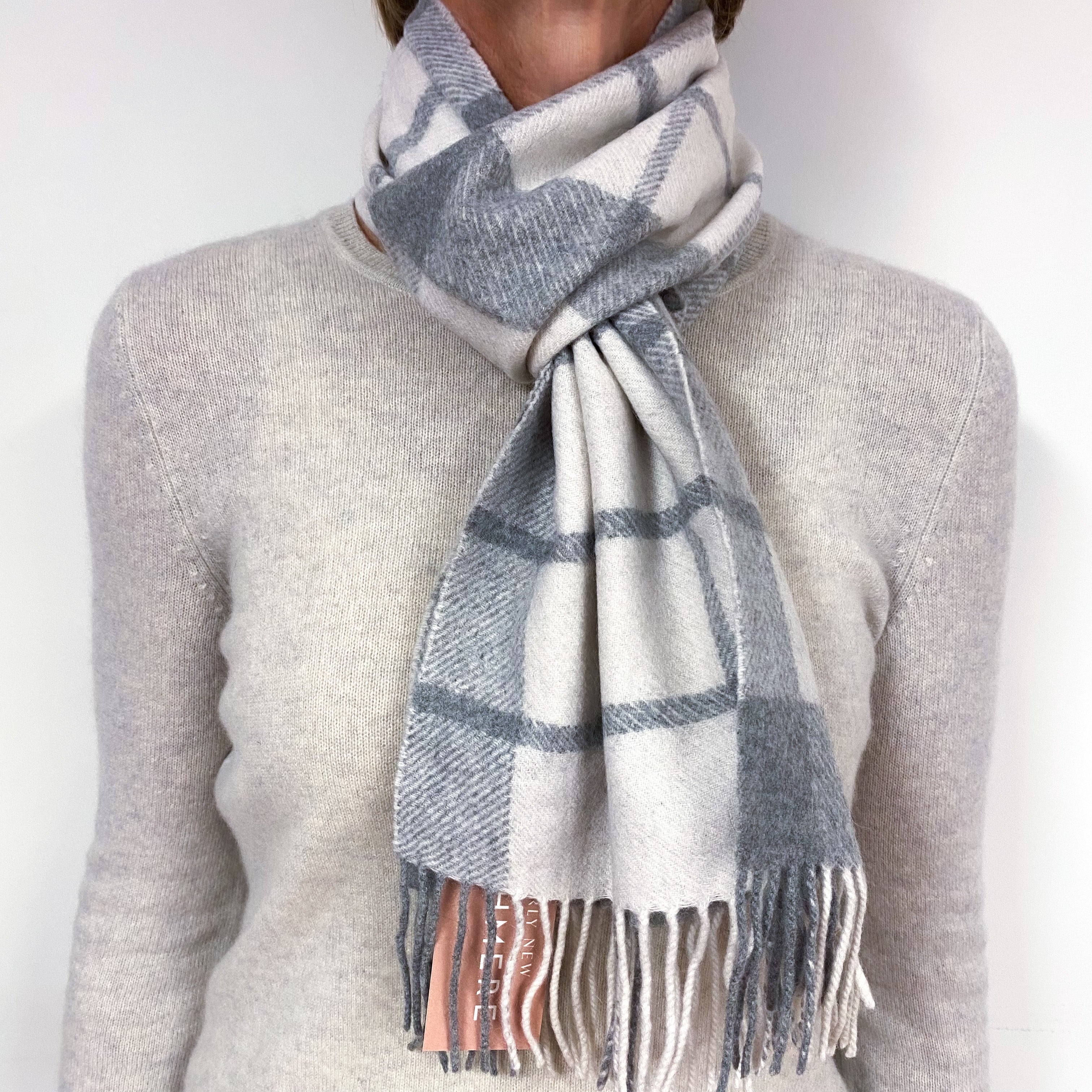 Cream and Grey Tartan Fringed Woven Scarf