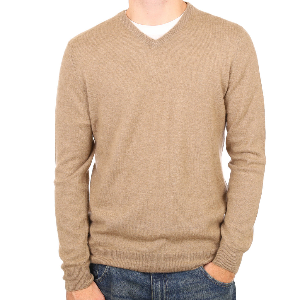 Men’s Taupe Brown Cashmere V Neck Jumper Large
