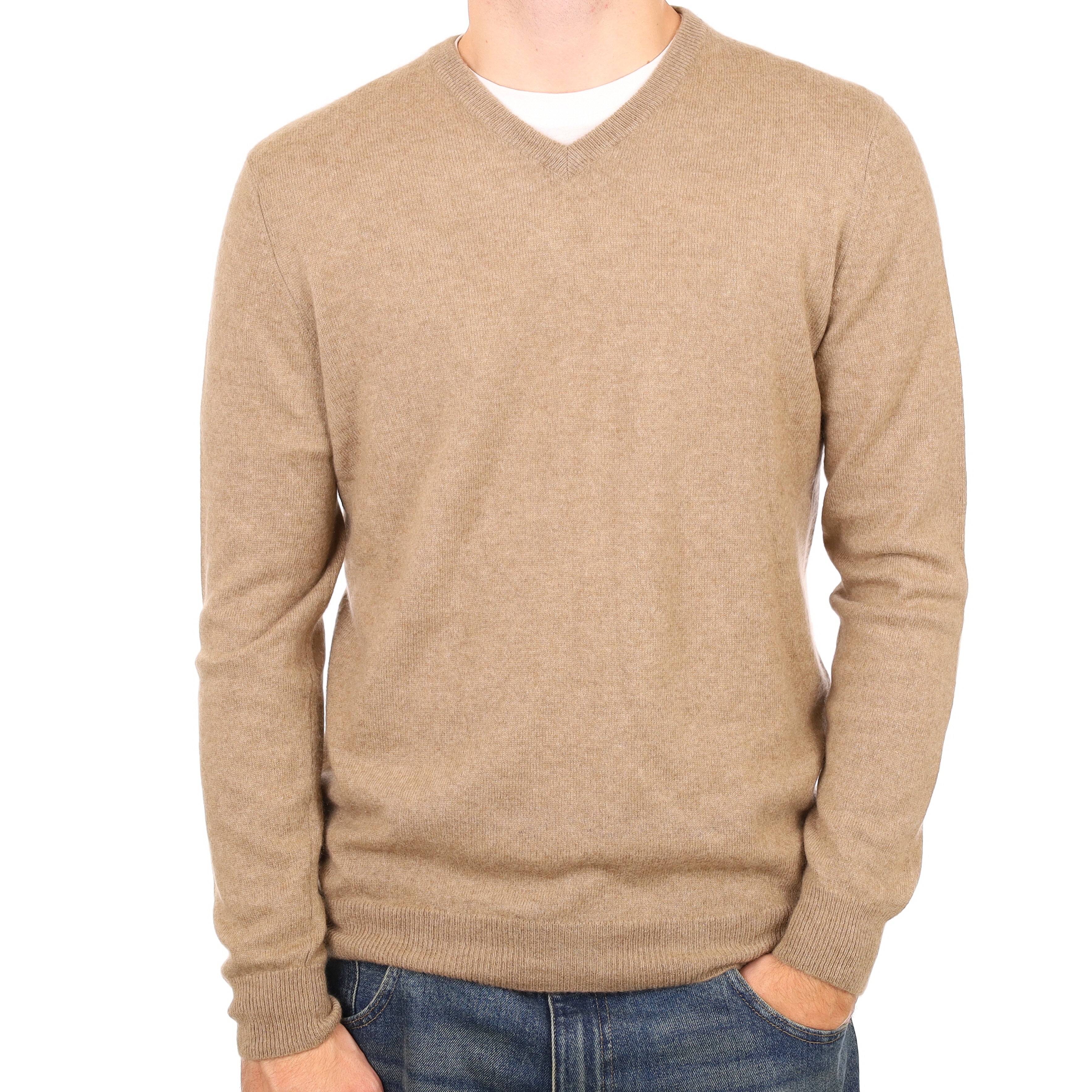 Men’s Taupe Brown Cashmere V Neck Jumper Large