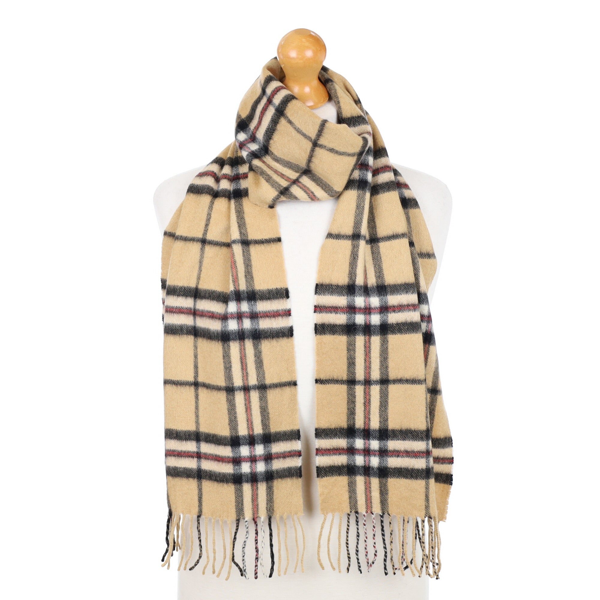 Camel and Black Checked Fringed Cashmere Woven Scarf