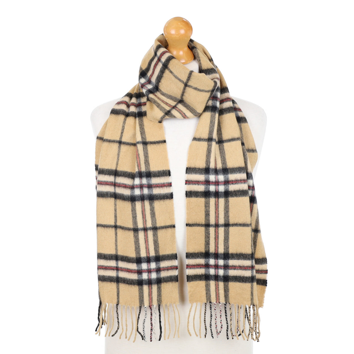 Camel and Black Checked Fringed Cashmere Woven Scarf