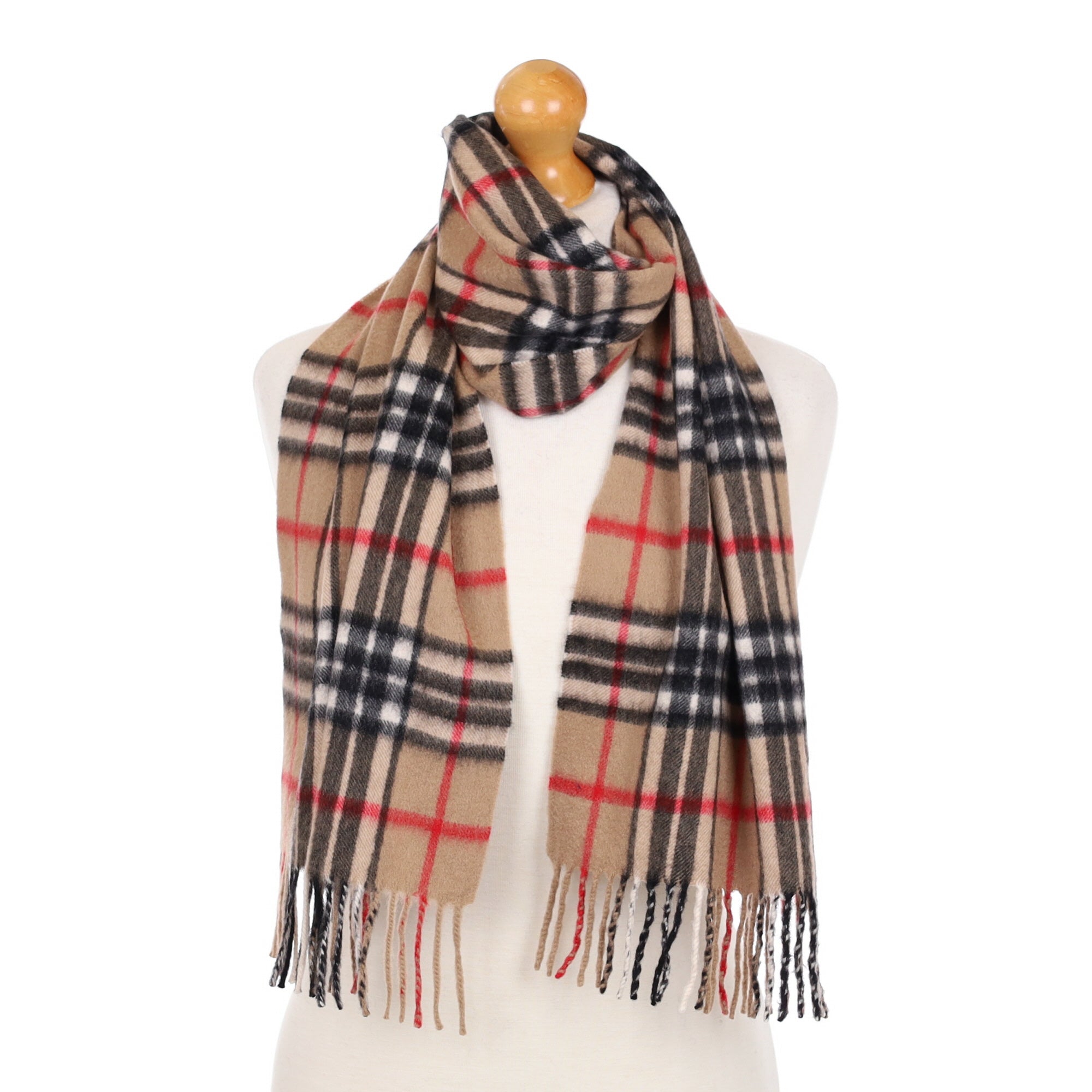 Camel Checked Cashmere Fringed Woven Scarf