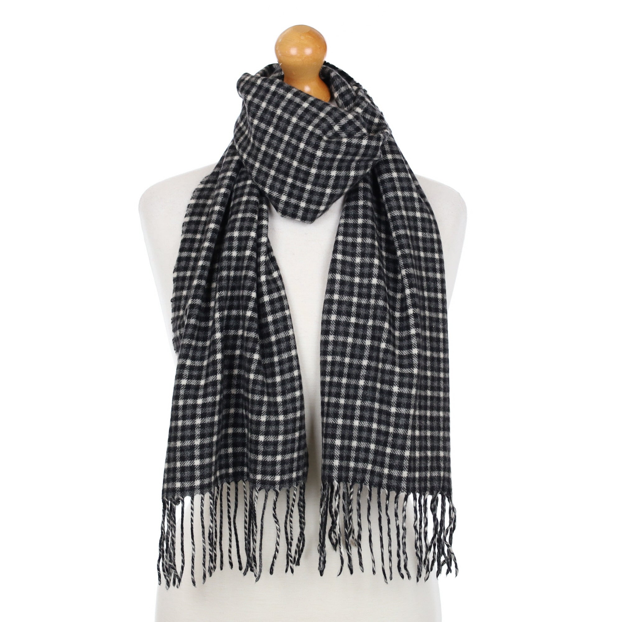 Charcoal Grey Check Cashmere Fringed Woven Scarf