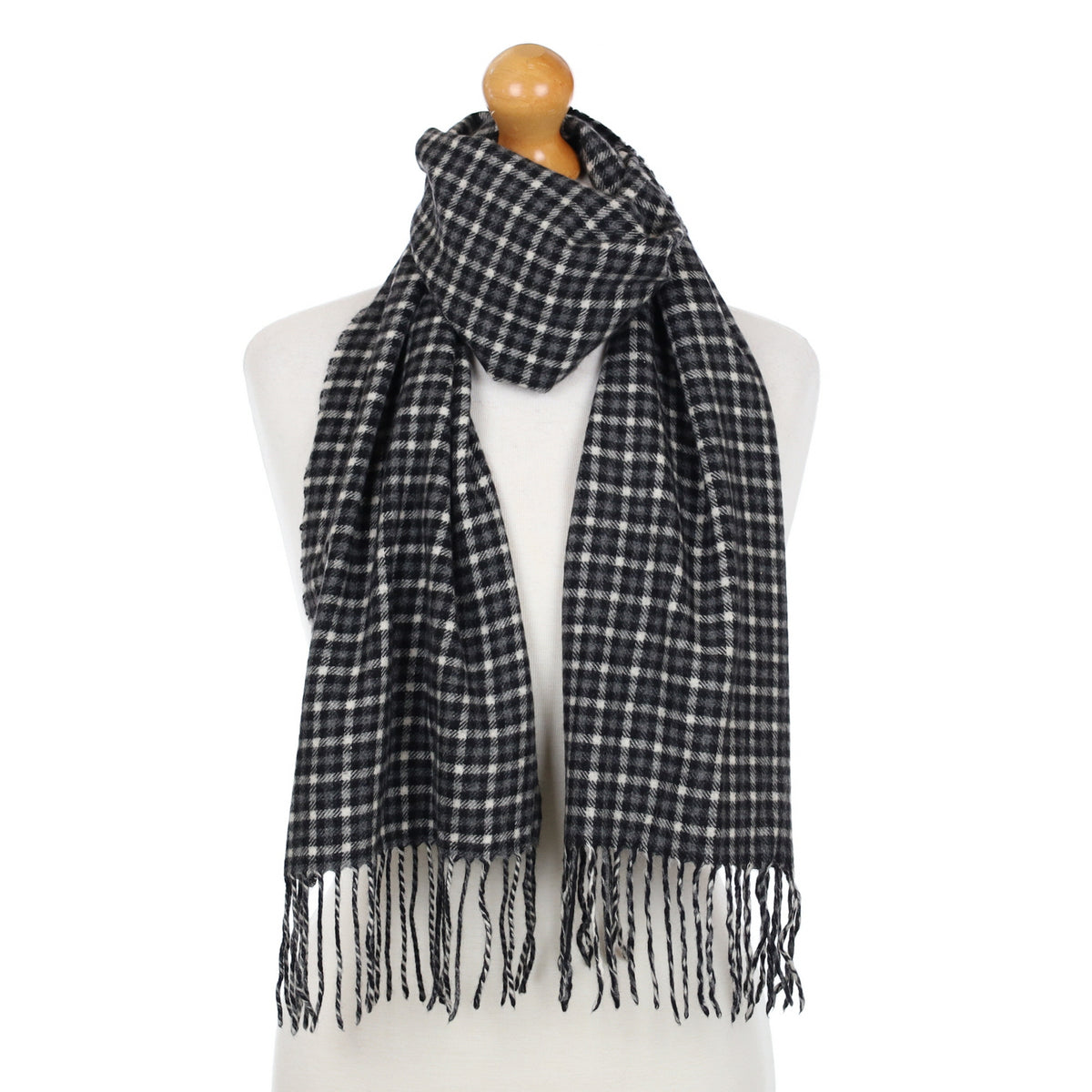 Charcoal Grey Check Cashmere Fringed Woven Scarf