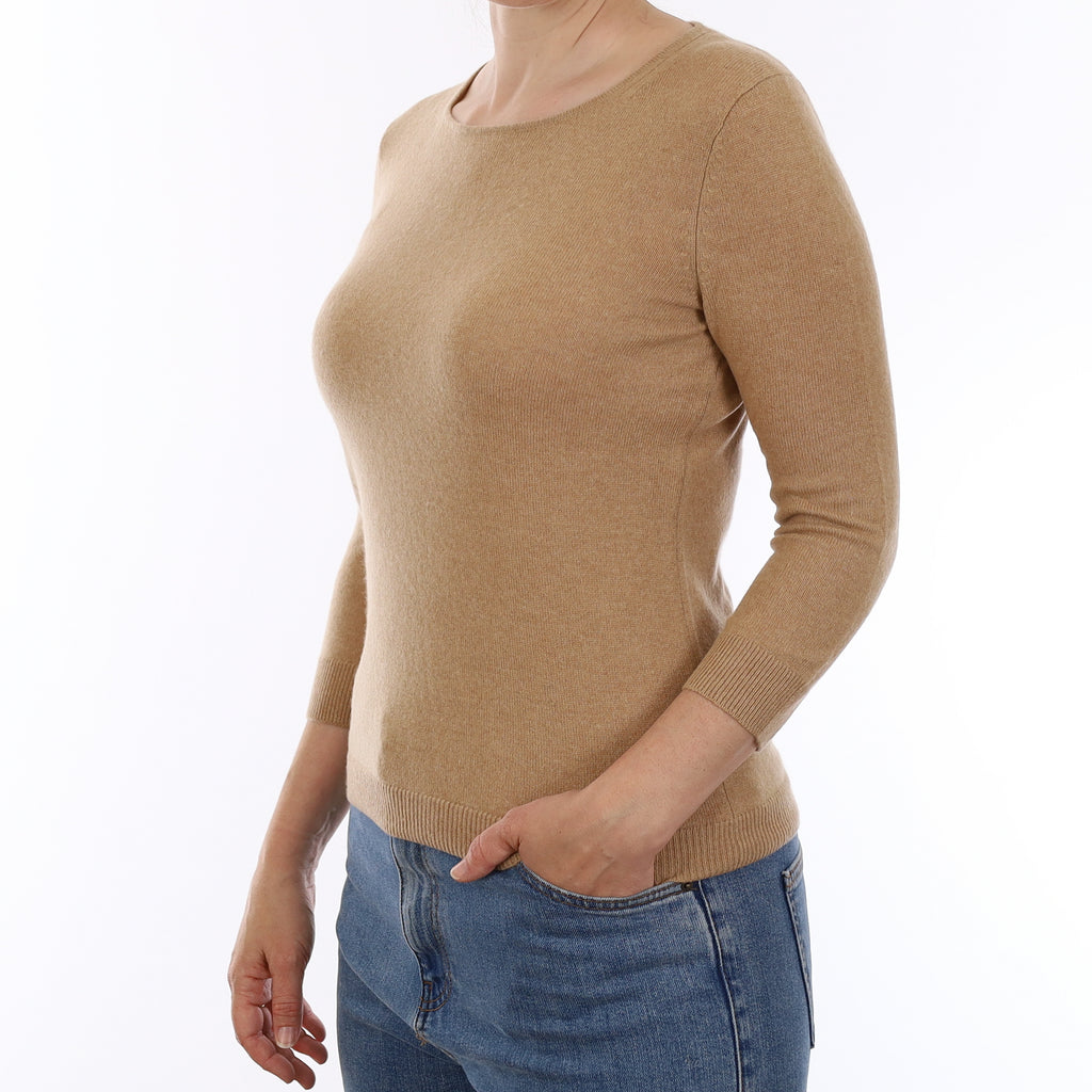 Caramel Brown Cashmere 3/4 Sleeve Crew Neck Jumper Small