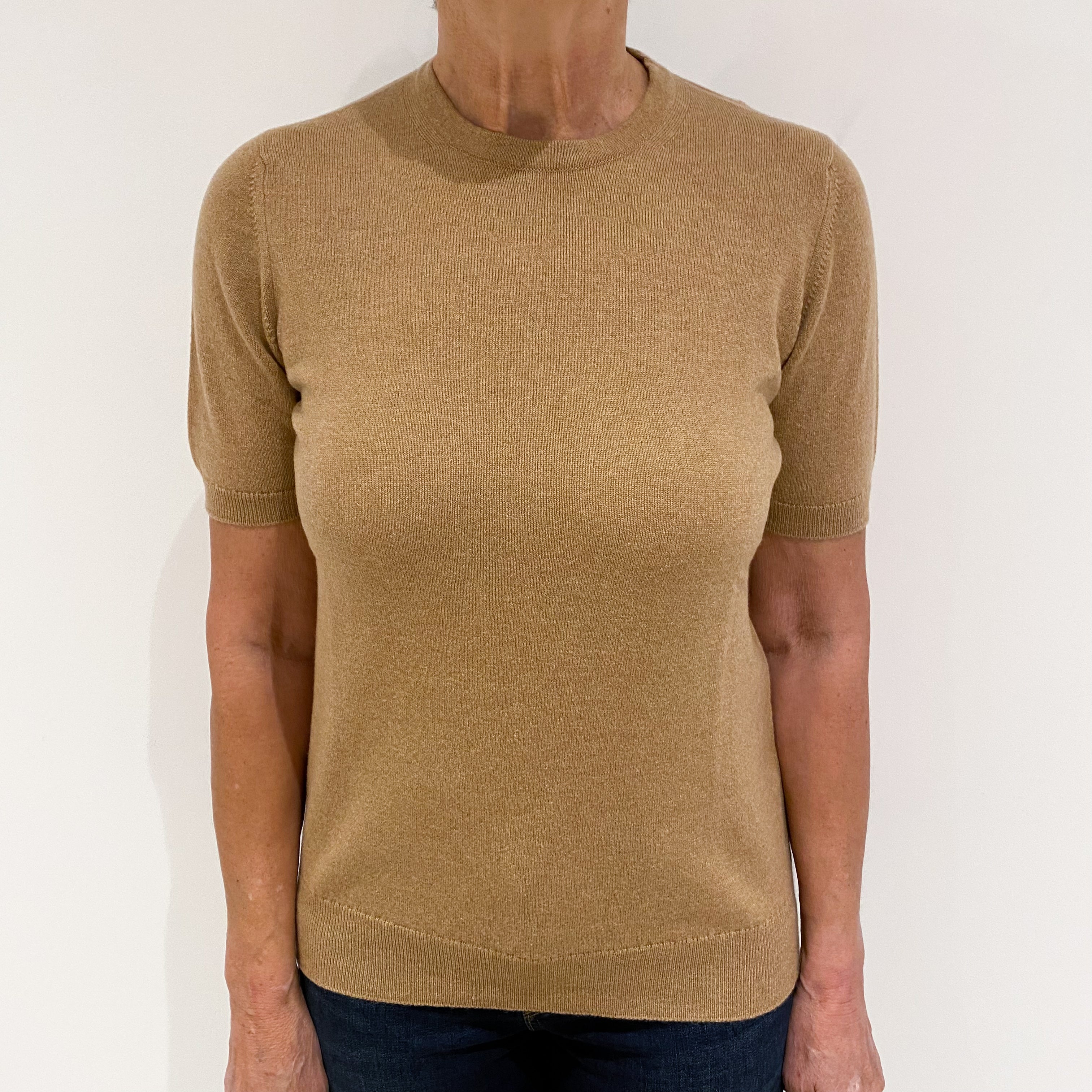 Brand New Scottish Caramel Brown Short Sleeved Cashmere Crew Neck Jumper XS