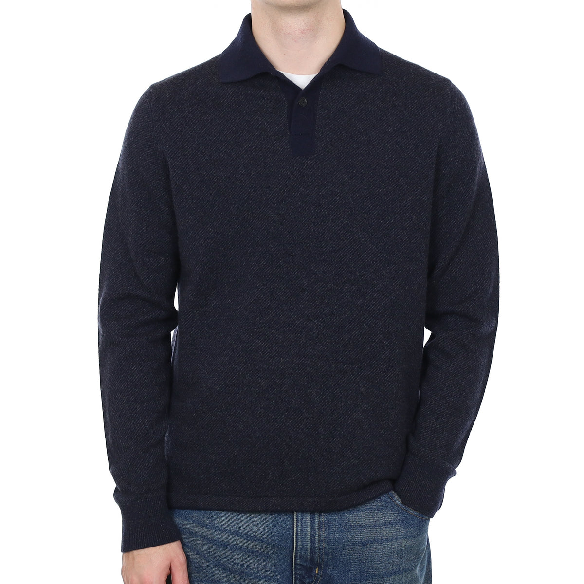 Men’s Brand New Scottish Navy and Grey Striped Cashmere 1/4 Button Jumper Medium