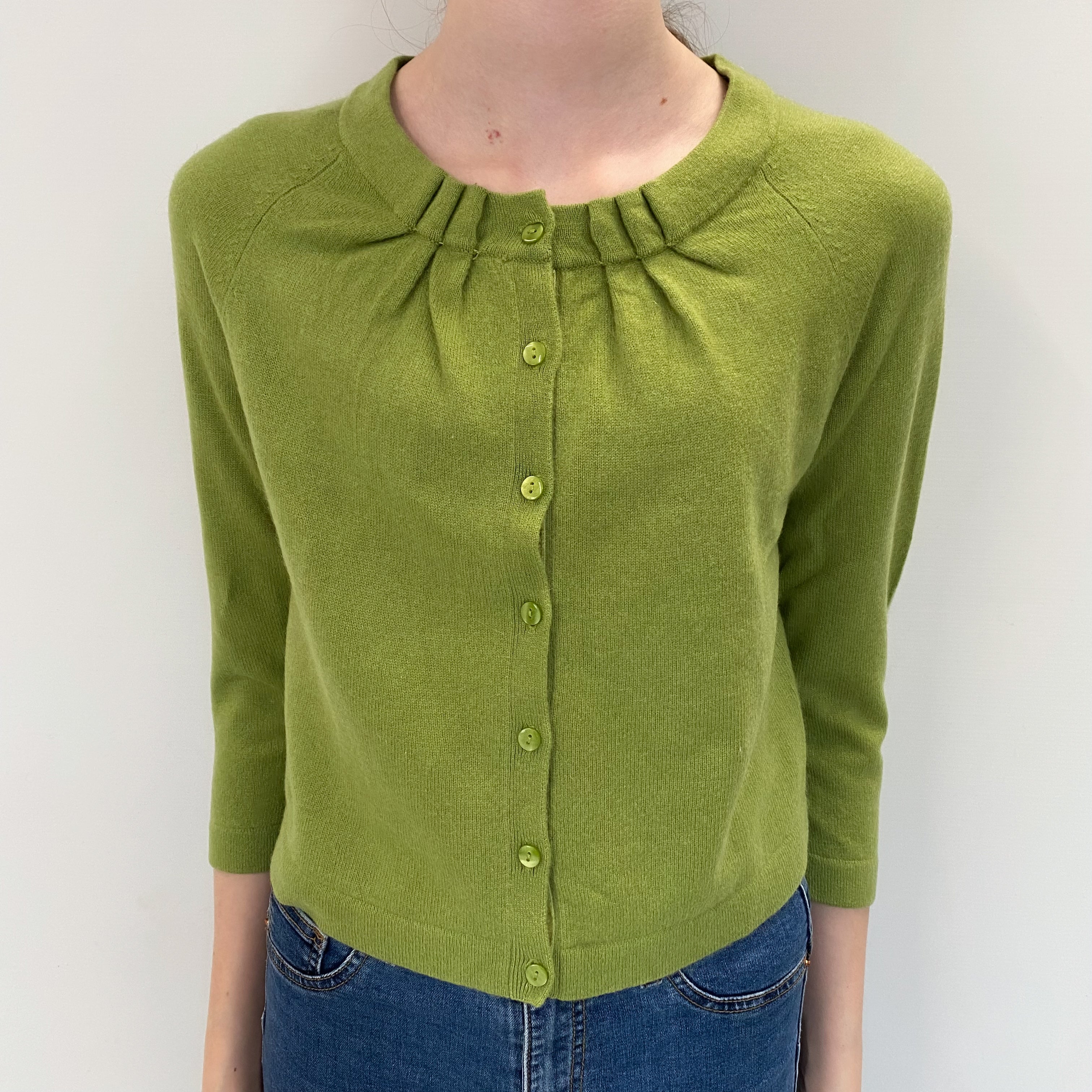Pear Green Cashmere Gathered Crew Cardigan Extra Small