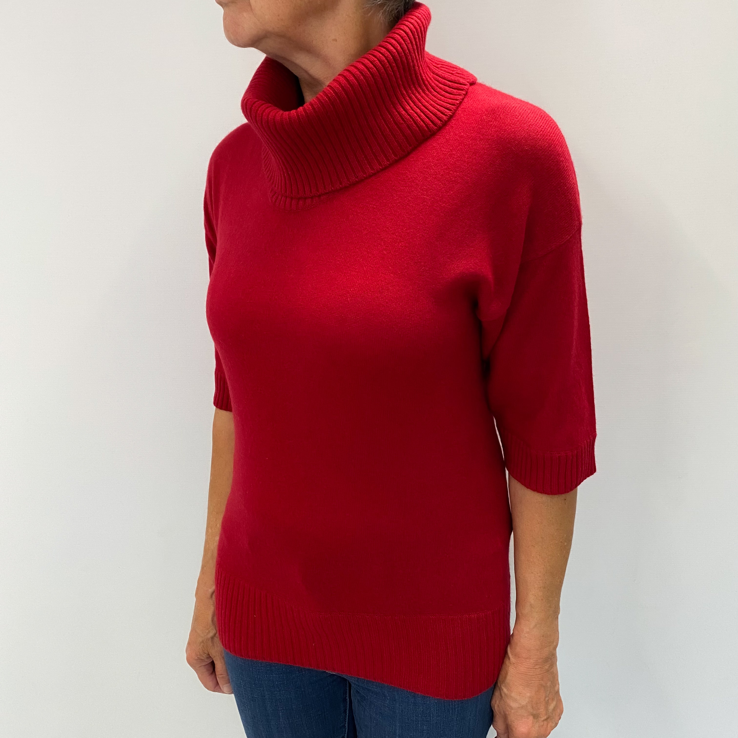 Post Box Red Cashmere 1/2 Sleeve Polo Neck Jumper Medium