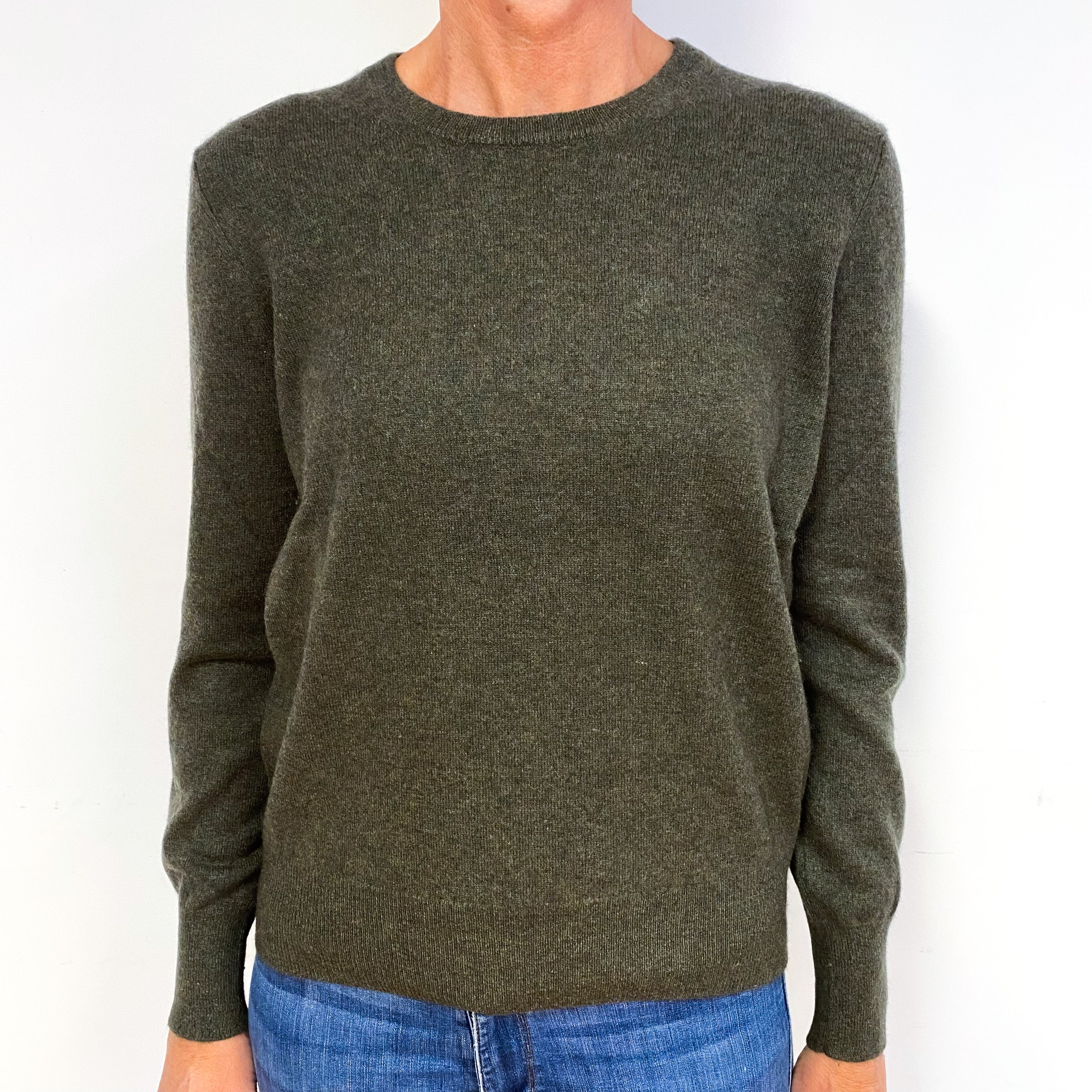 Moss Green Marl Knit Cashmere Crew Neck Jumper Medium