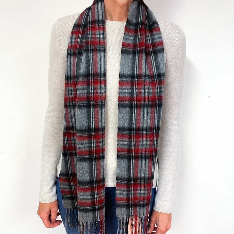 Red, Black and Ash Grey Tartan Cashmere Fringed Woven Scarf