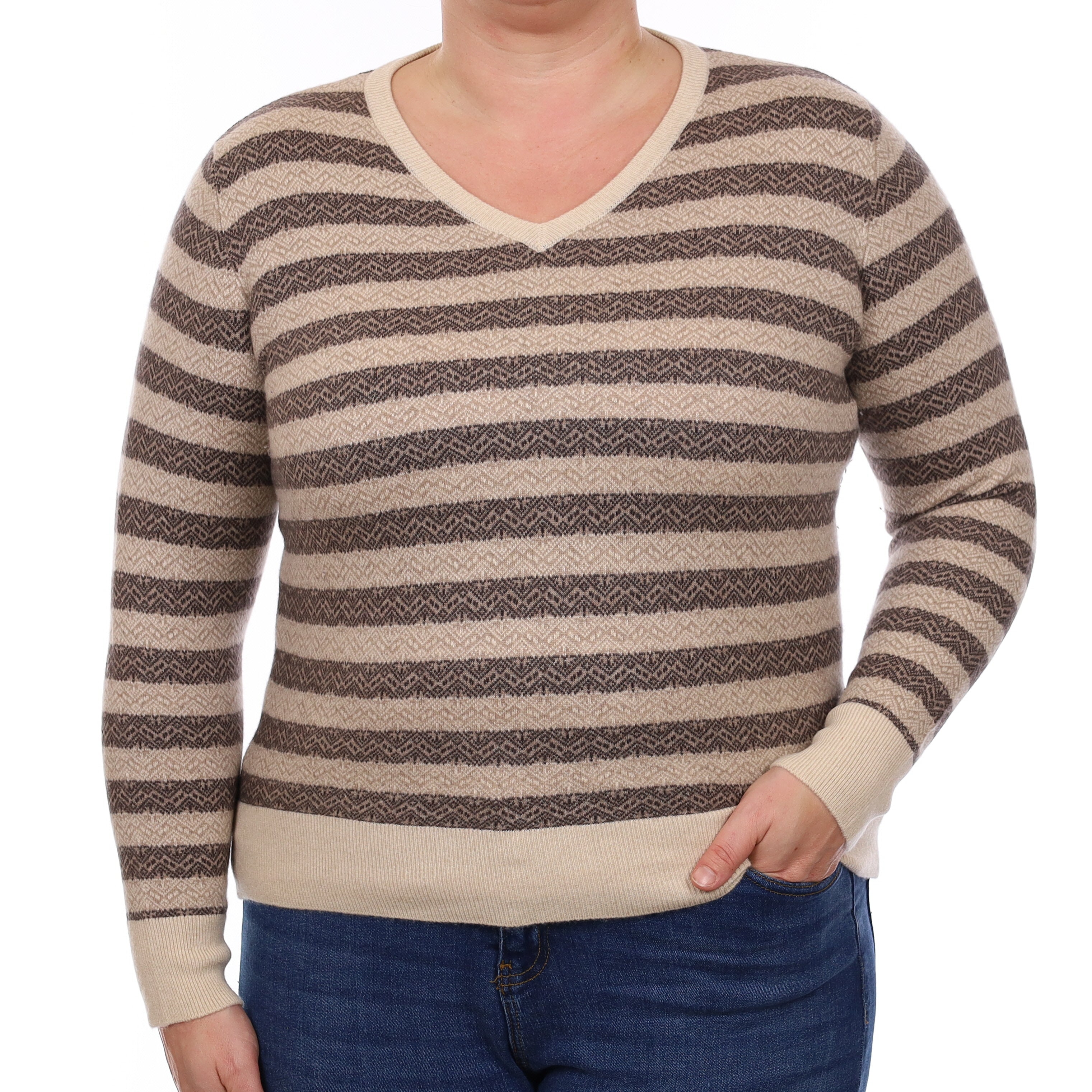 Andri Maurice Mocha Fairisle Striped Cashmere V Neck Jumper Large