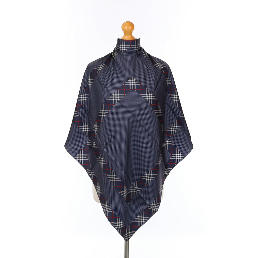 Brand New Burberrys Dark Blue Check Vintage Silk Scarf