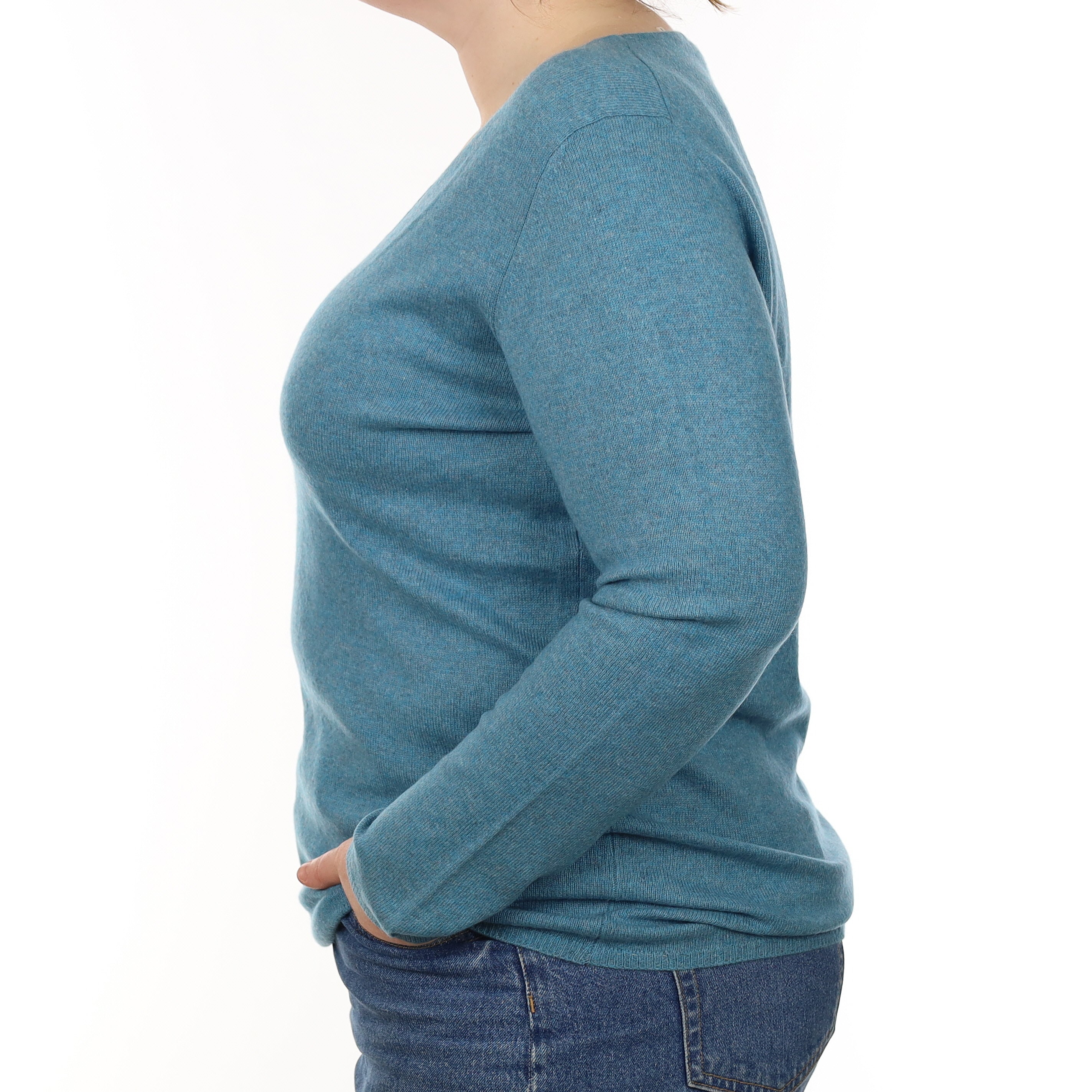 Misty Turquoise Cashmere V Neck Jumper Large