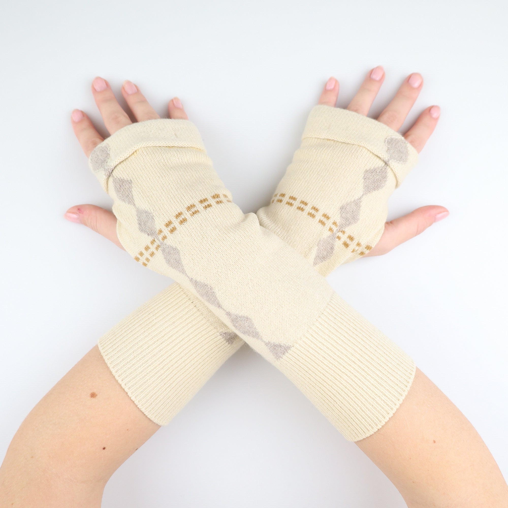 Cream and Brown Patterned Fingerless Gloves