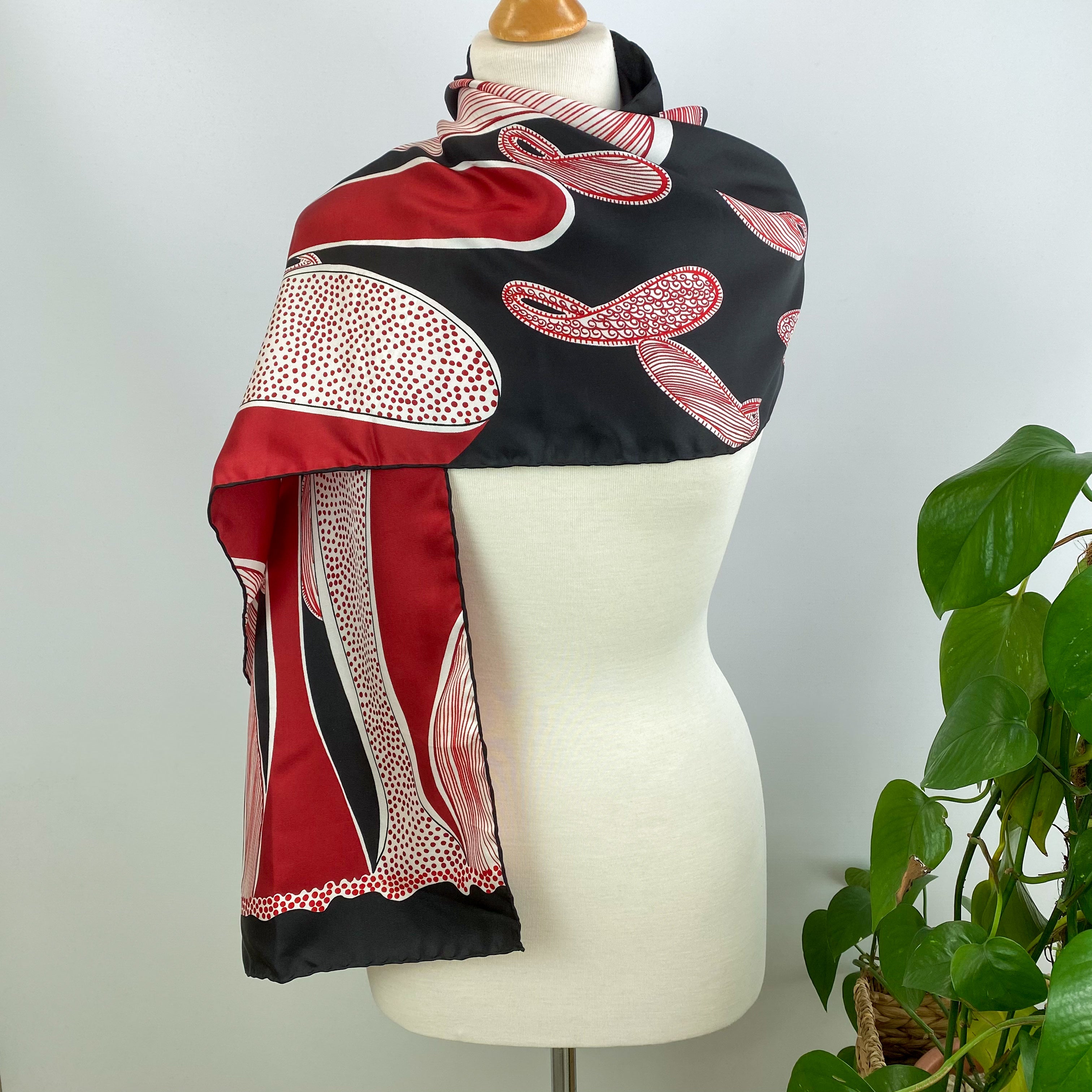 Abstract Paisley Black Red and White Long Silk Scarf