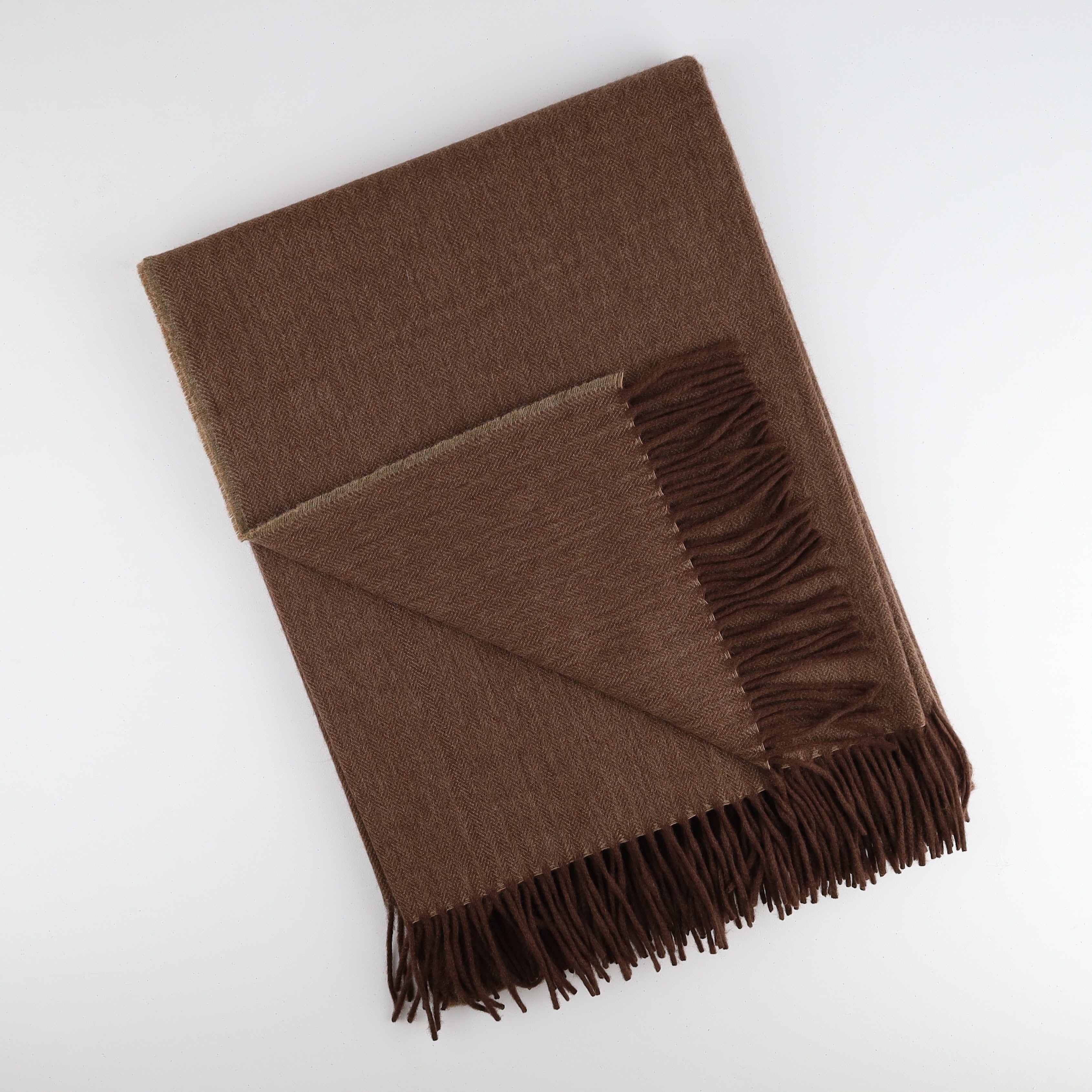 Brand New English Khaki Camel and Chocolate Brown Herringbone Luxury Woven Cashmere Blanket