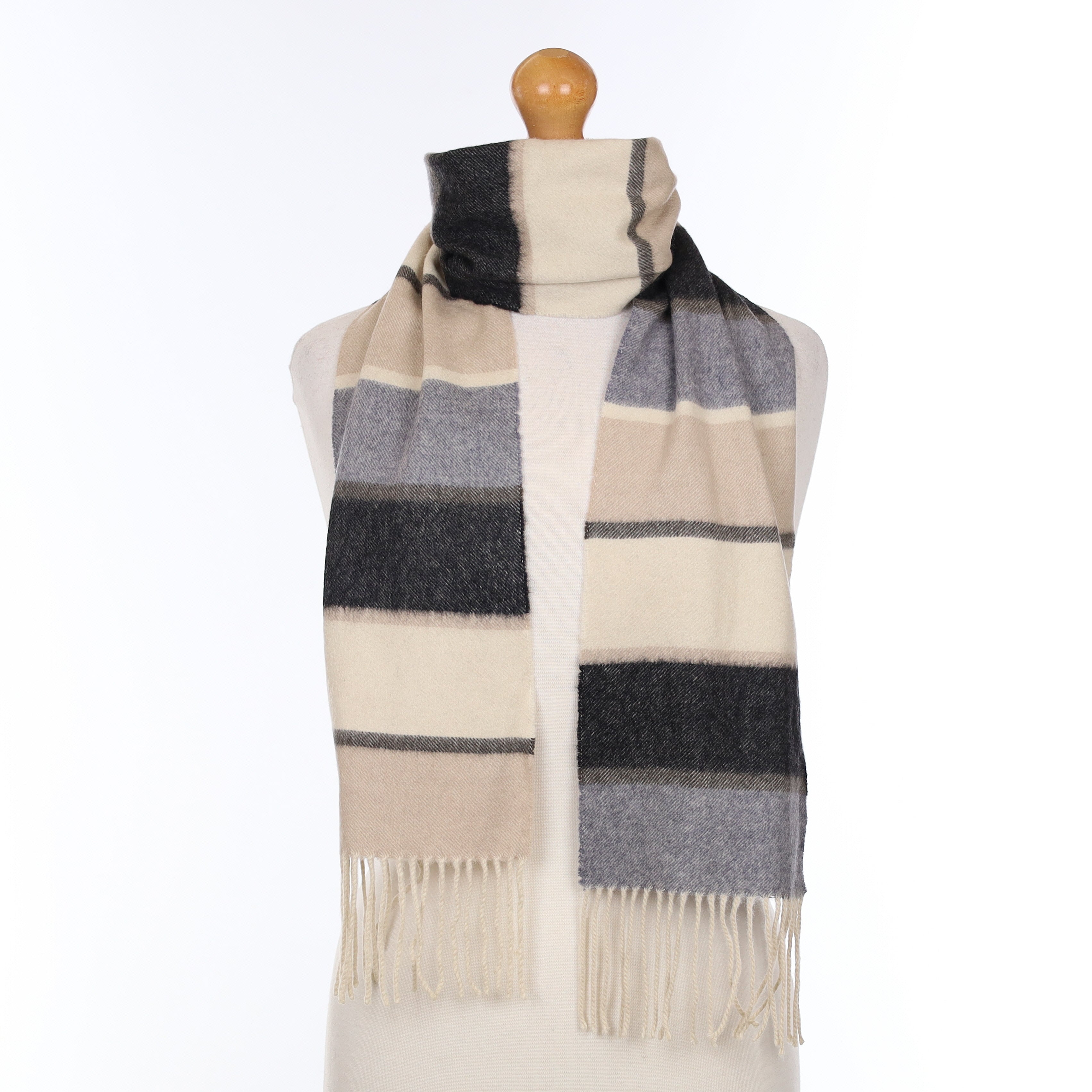 Grey And Beige Striped Cashmere Woven Scarf