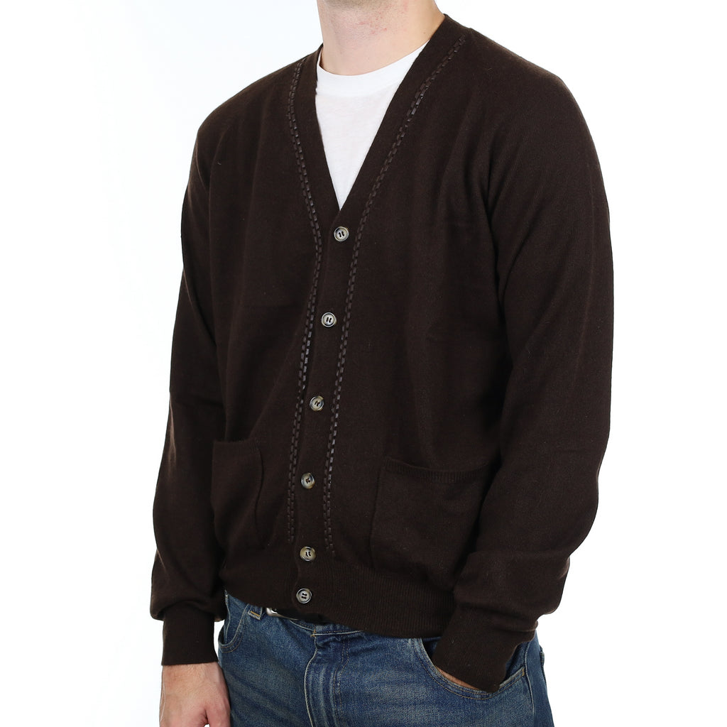 Men’s Chocolate Brown Cashmere V Neck Cardigan with Pockets Large