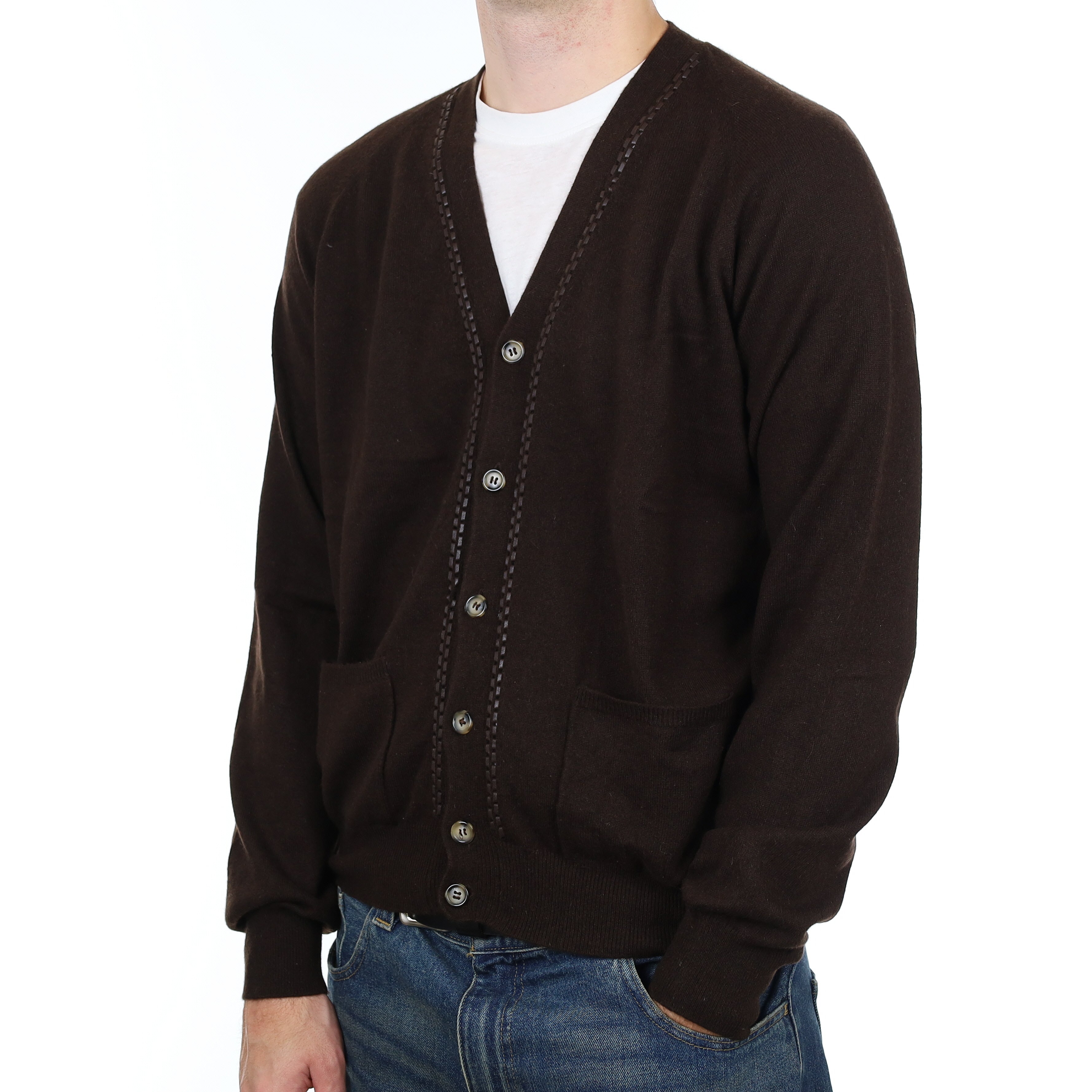 Men’s Chocolate Brown Cashmere V Neck Cardigan with Pockets Large