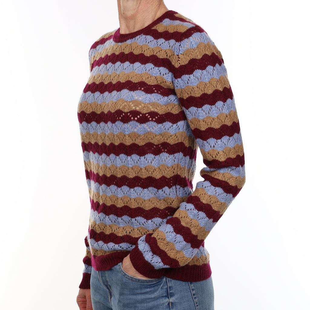 Scottish Brora Mulberry Striped Cashmere Lace Knit Crew Neck Jumper Small
