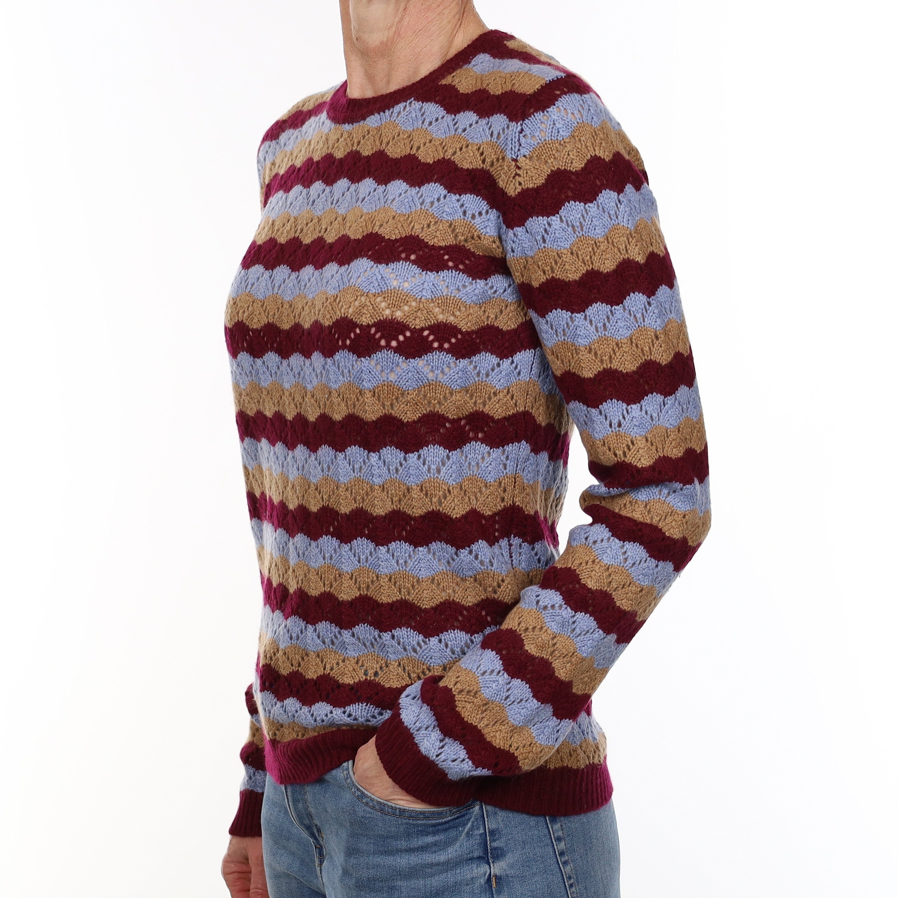 Scottish Brora Mulberry Striped Cashmere Lace Knit Crew Neck Jumper Small