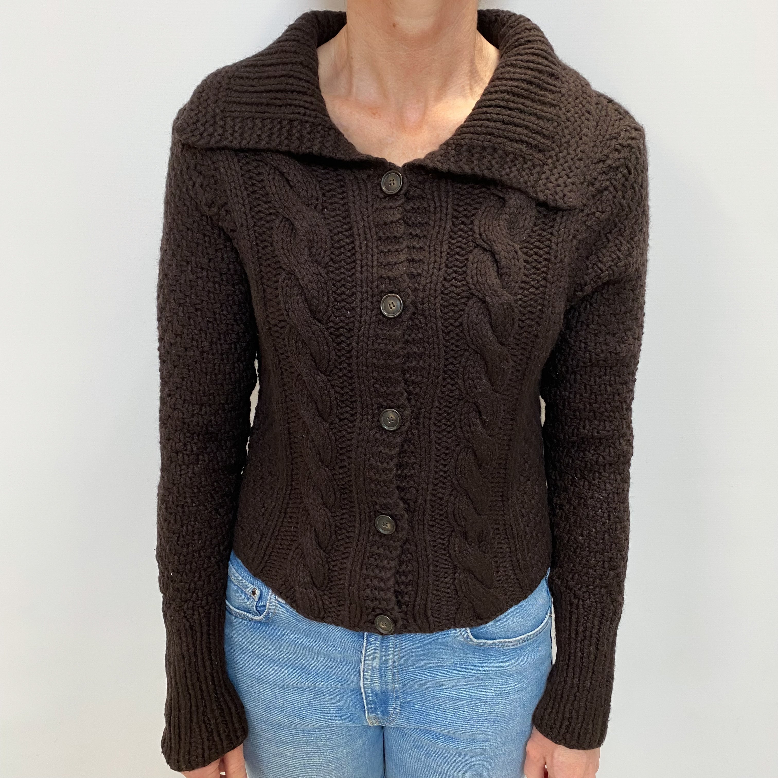 Peppercorn Brown Cashmere Collared Crew Cardigan Small