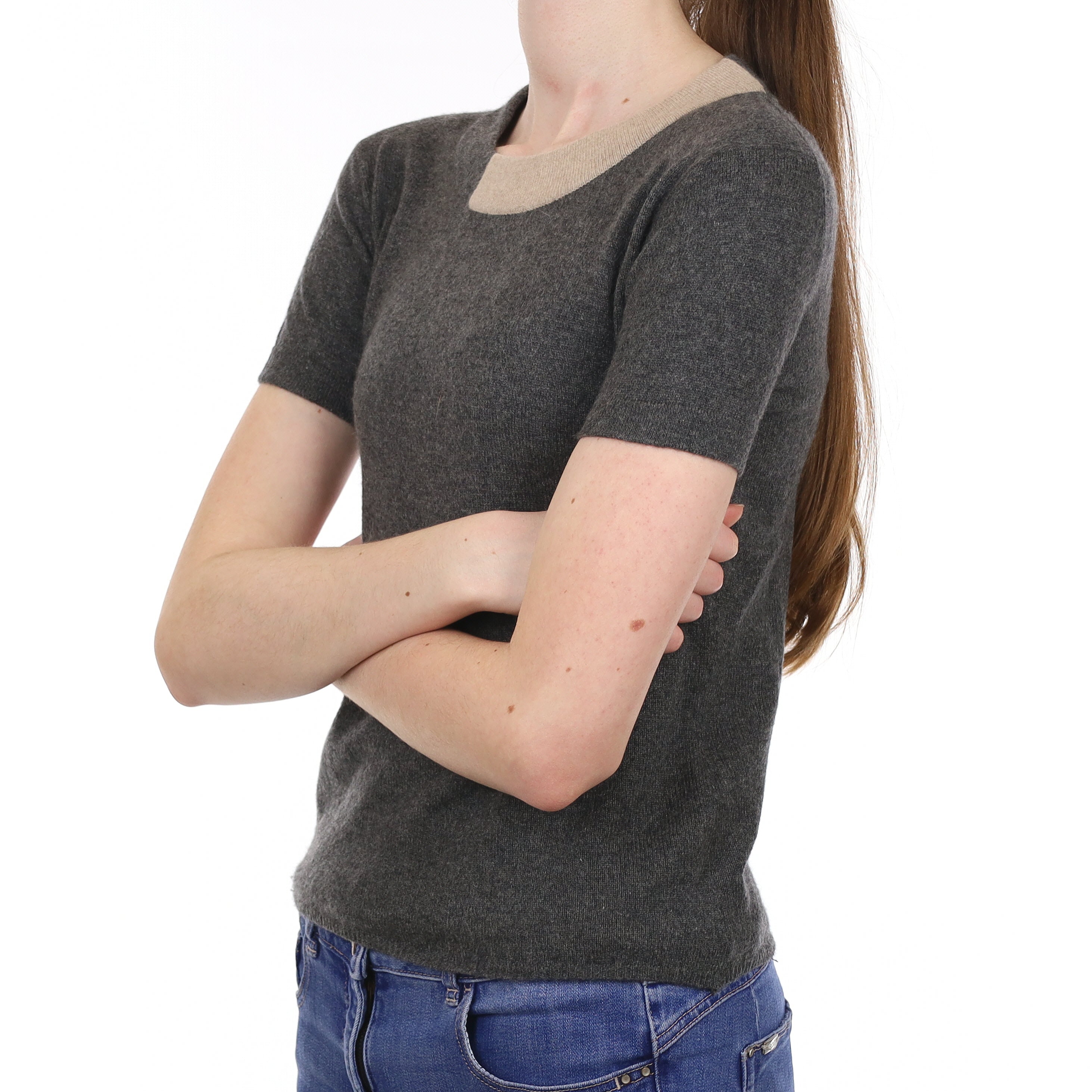 Slate Grey with Fawn Trim Cashmere Short Sleeved Crew Neck Jumper Extra Small