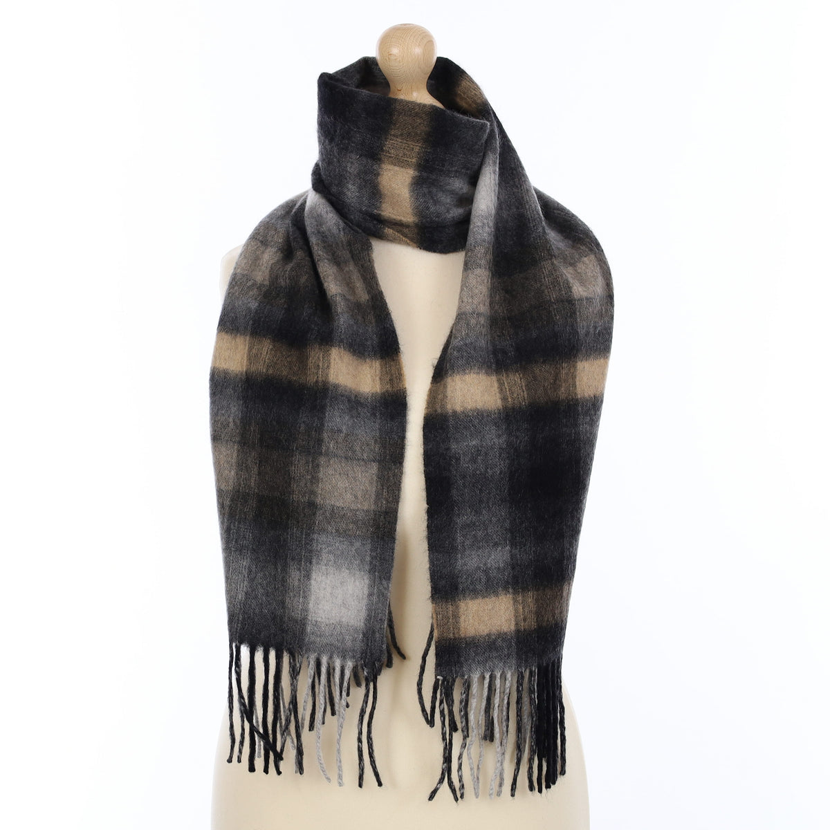 Grey and Camel Checkered Cashmere Woven Scarf