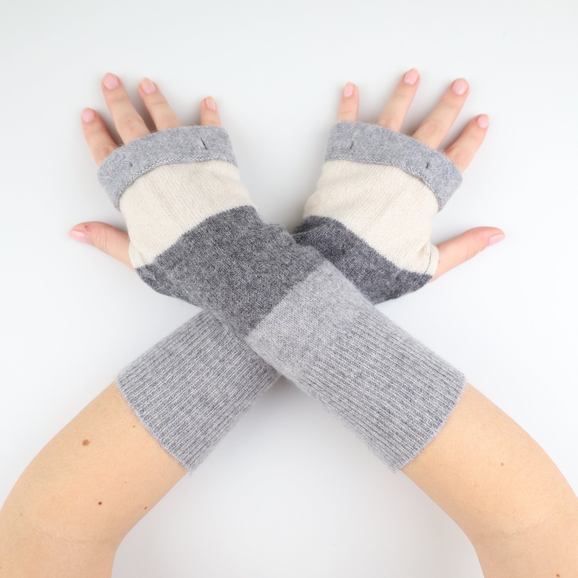 Cream and Grey Striped Fingerless Gloves
