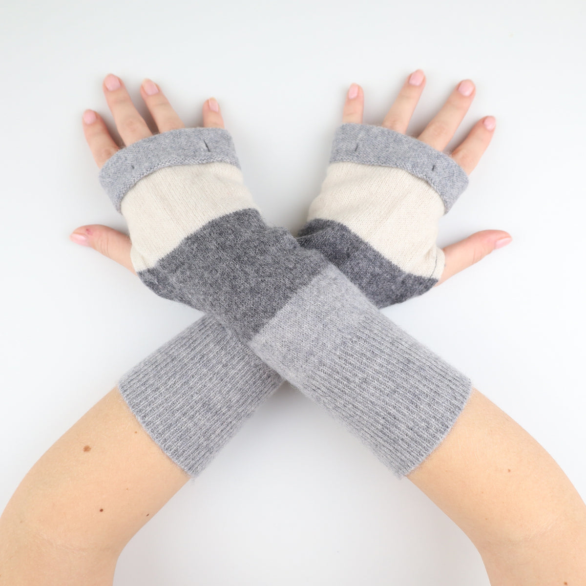 Cream and Grey Striped Fingerless Gloves