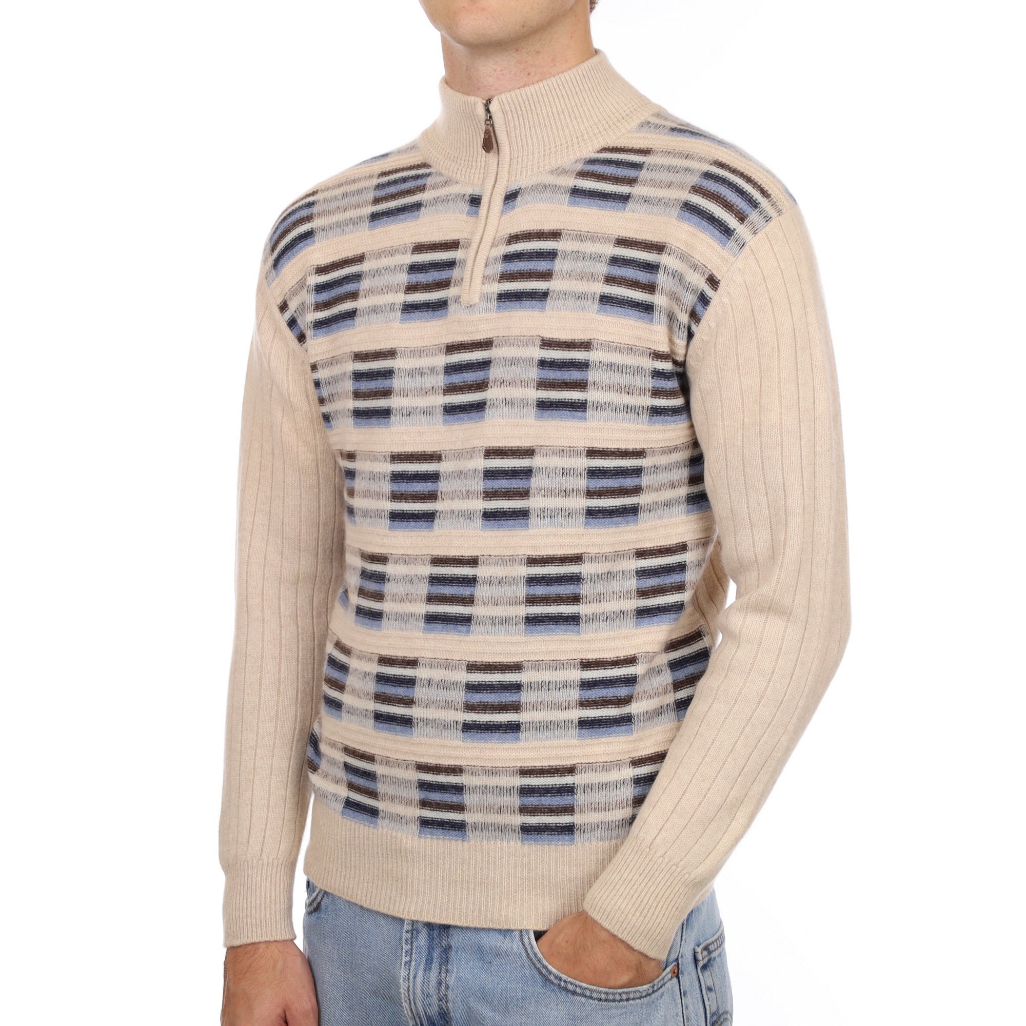 Men’s Sand Beige Patterned Cashmere 1/4 Zip Neck Large