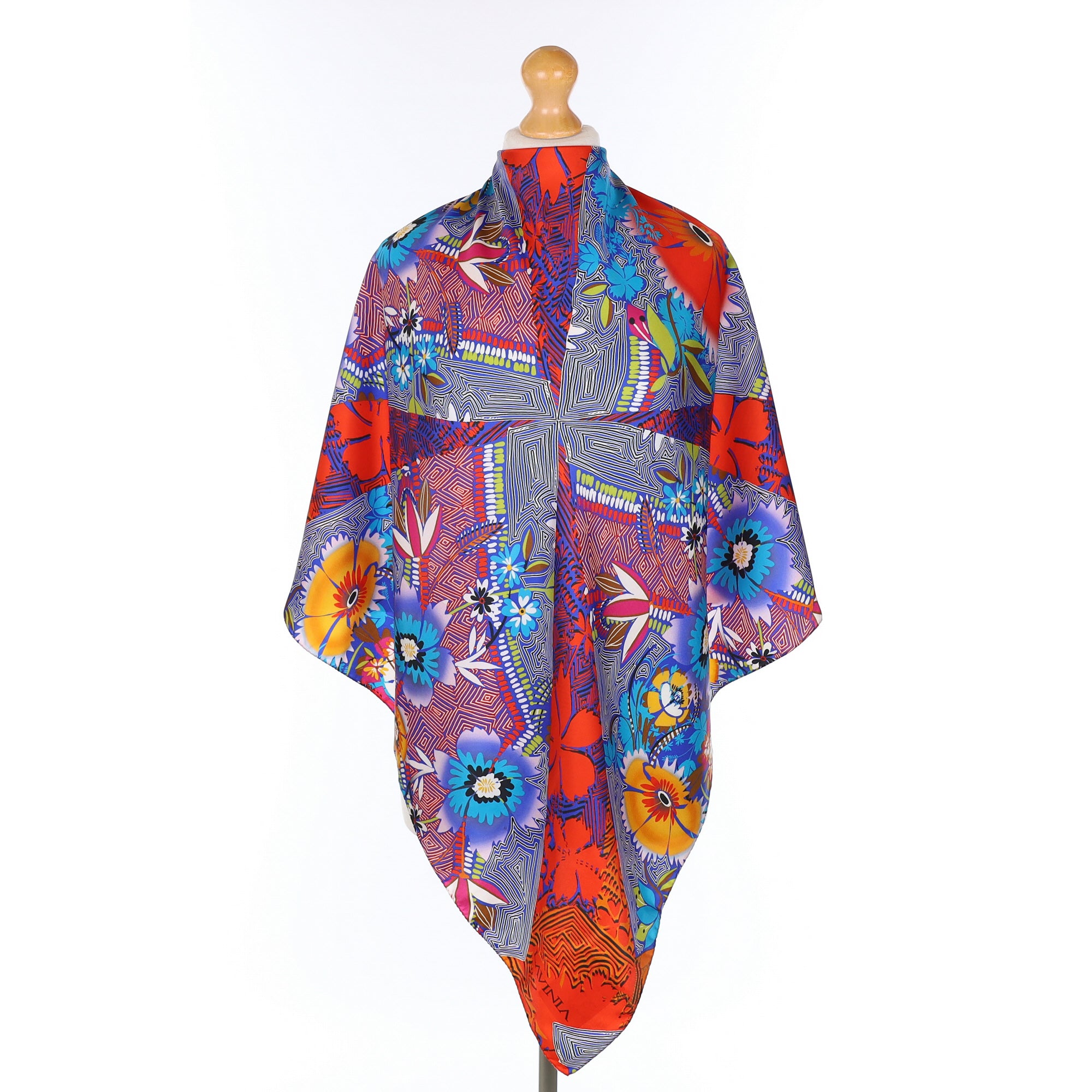 Red And Blue Floral Patterned Silk Scarf