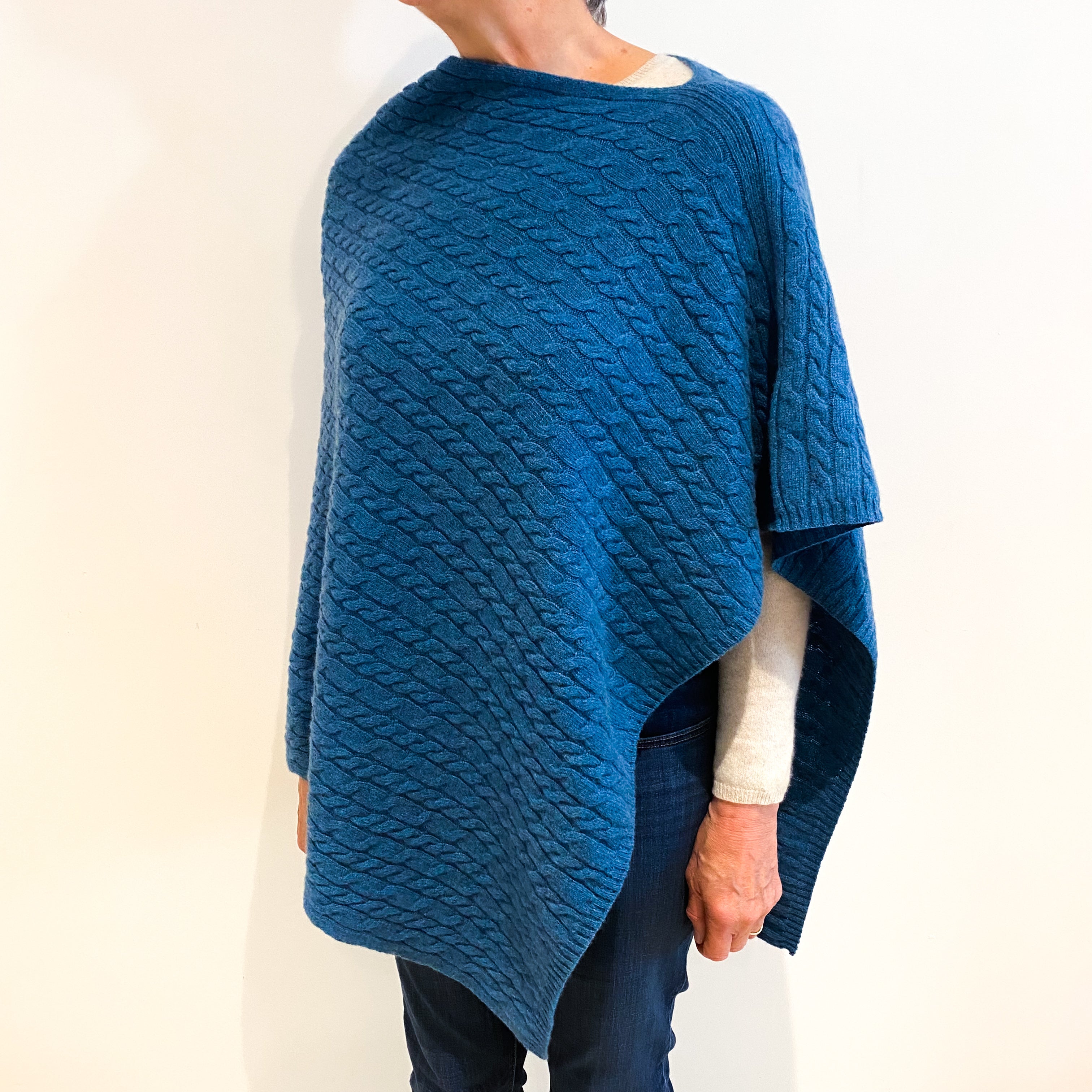 Brand New Scottish Ocean Blue Cashmere Cable Poncho One Size