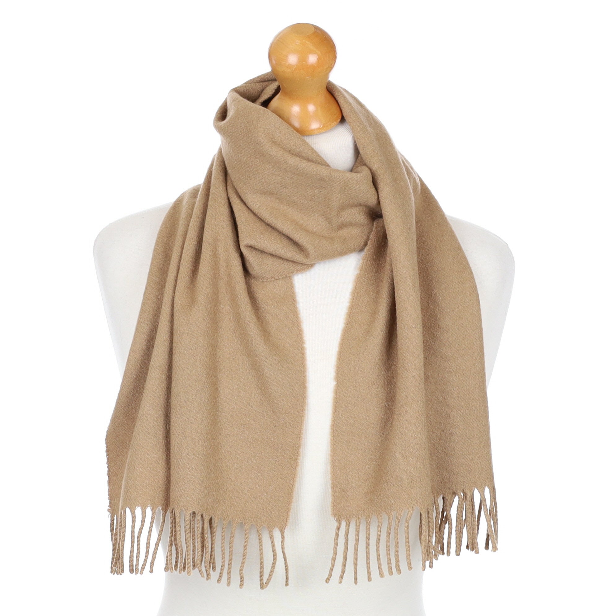 Camel Brown Fringed Cashmere Woven Scarf