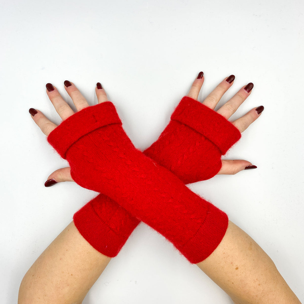 Berry Red Cable Knit Fingerless Gloves