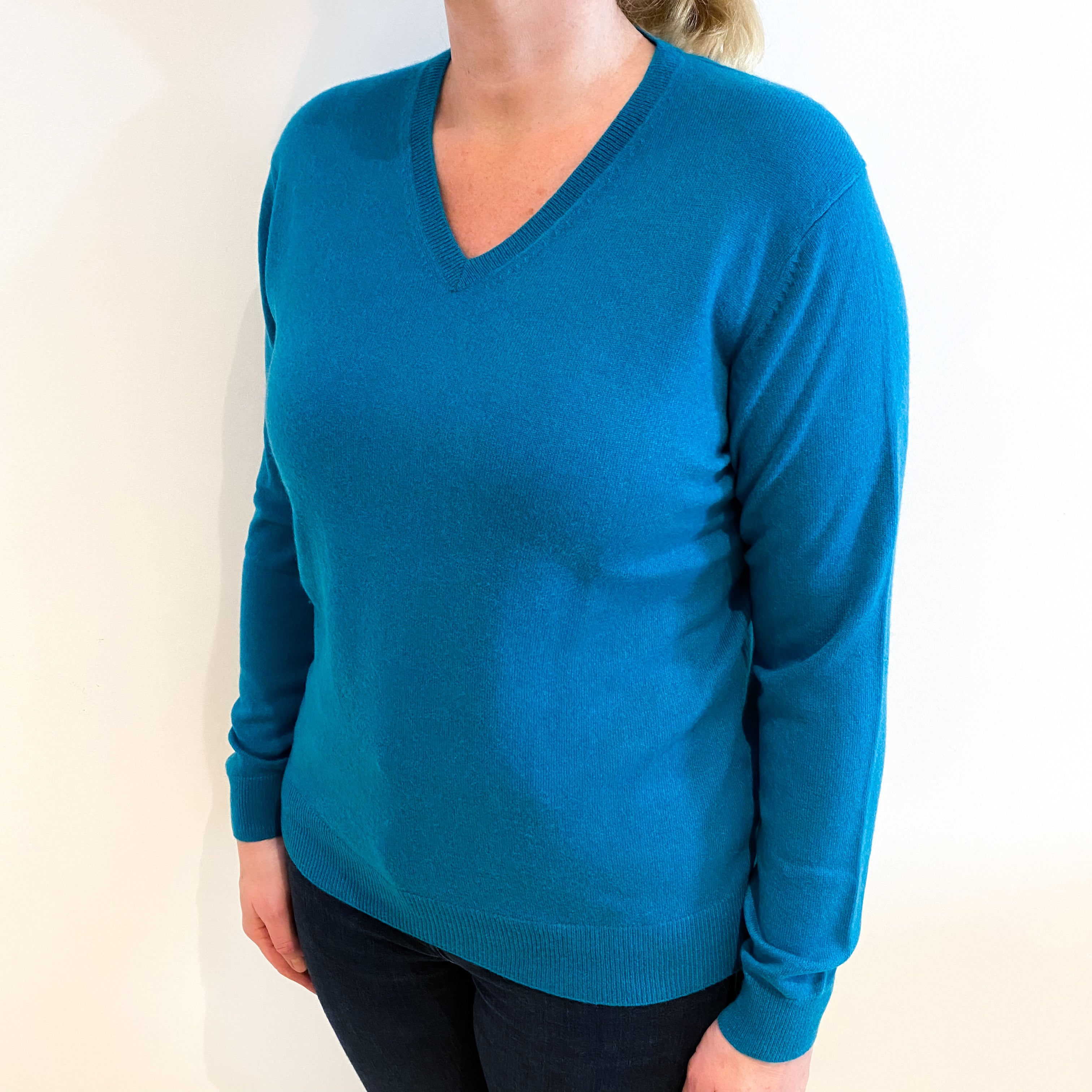 Turquoise Blue Cashmere V Neck Jumper Large