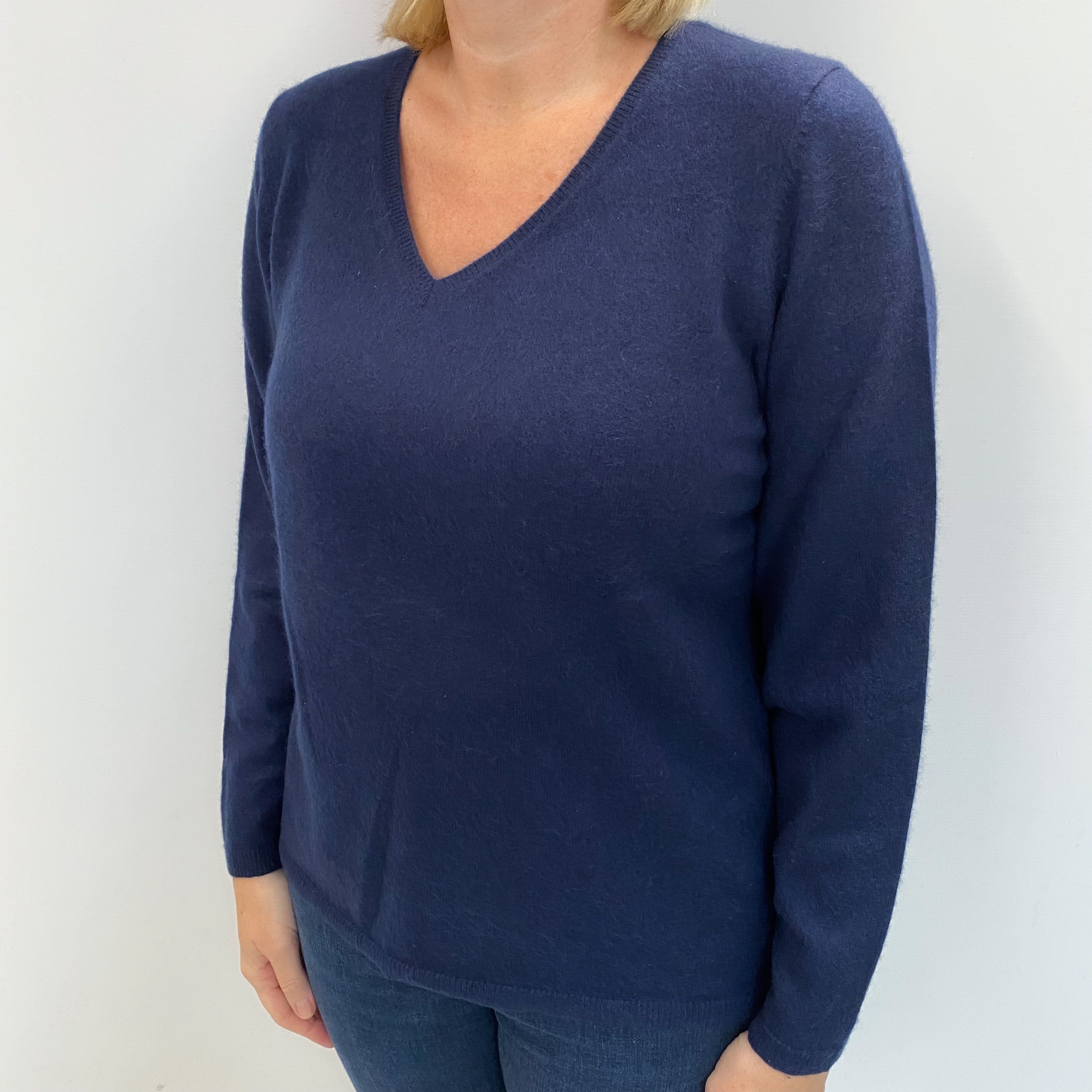 Midnight Navy Cashmere V Neck Jumper Large