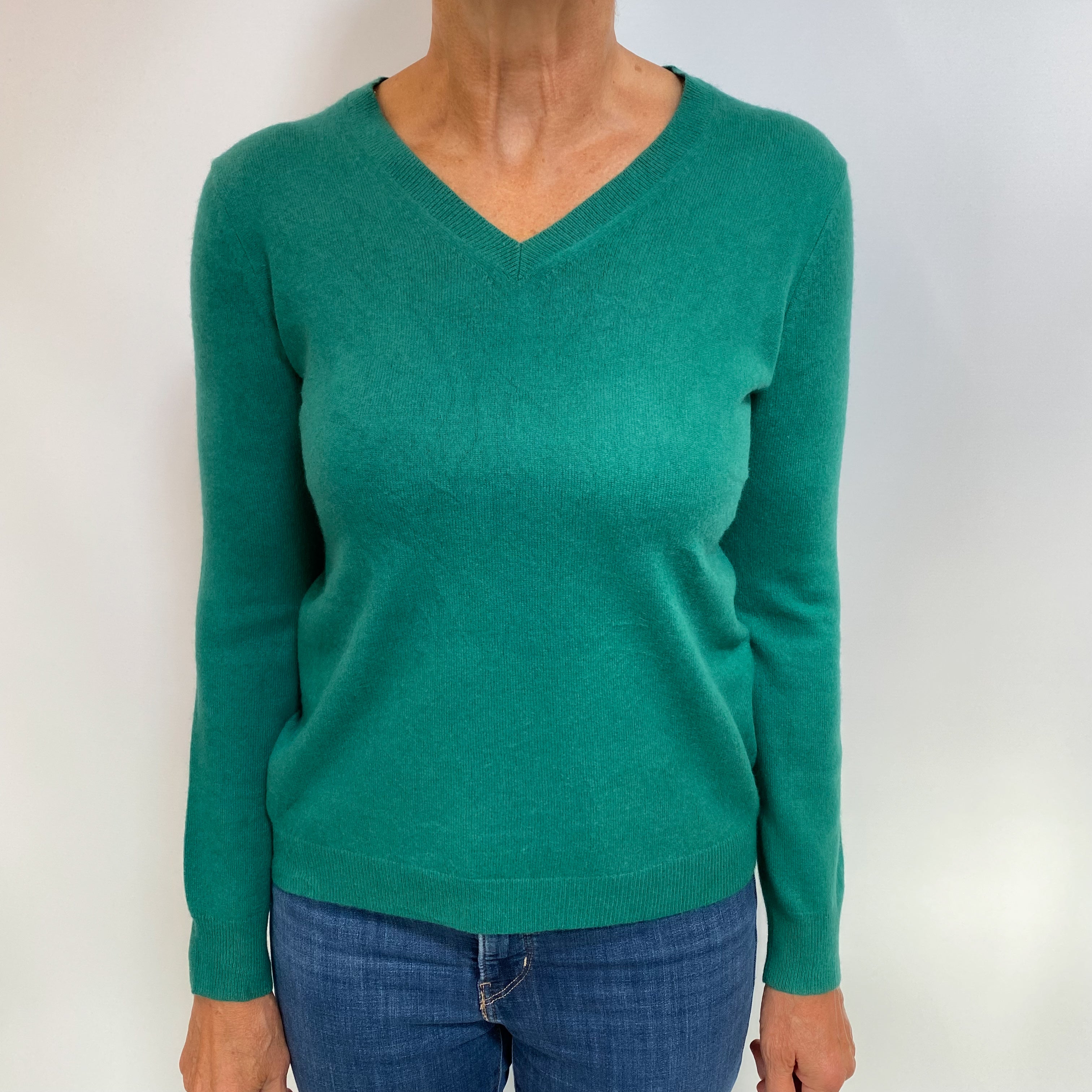Shamrock Green Cashmere V Neck Jumper Medium