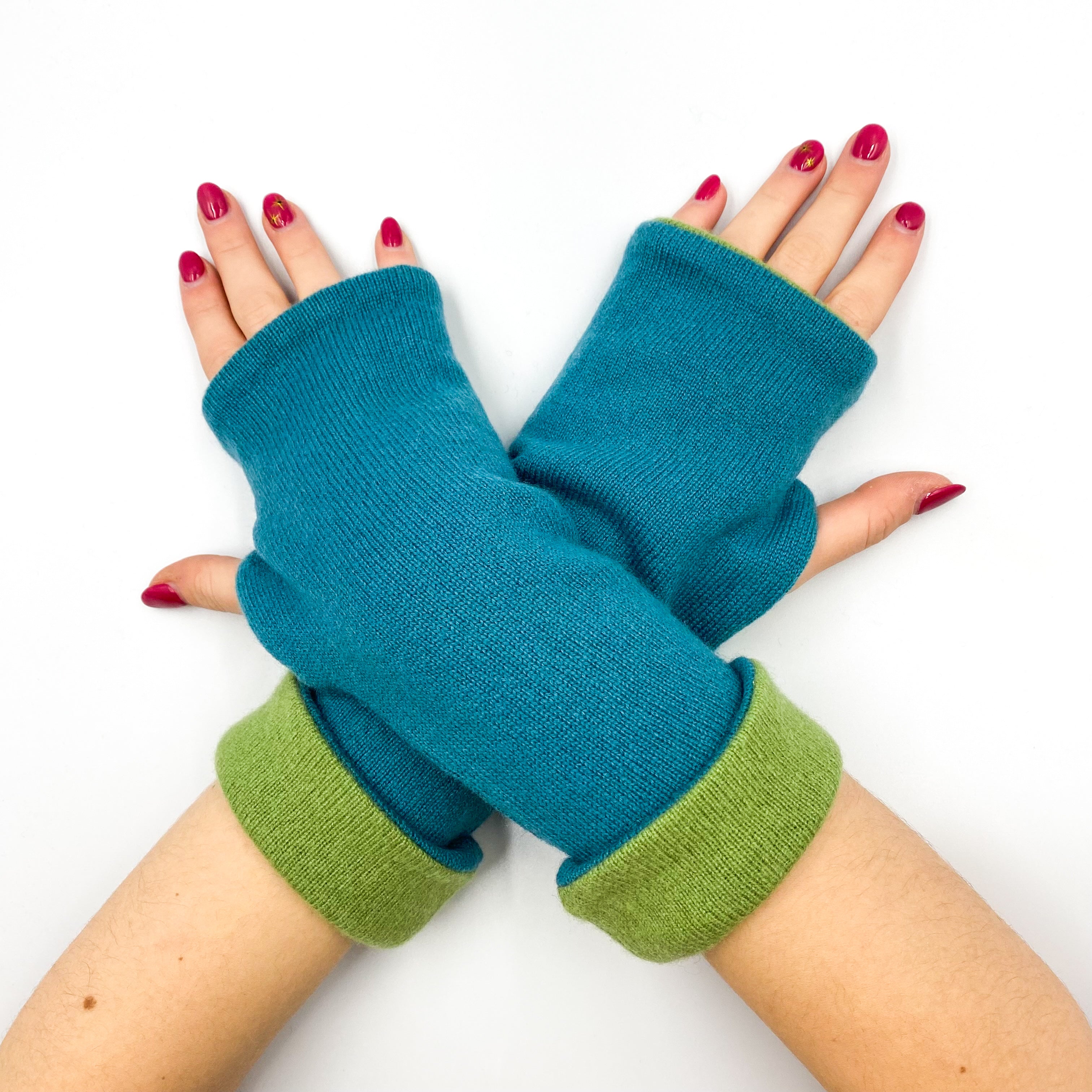 Teal and Pear Green Luxury Reversible Cashmere Fingerless Gloves