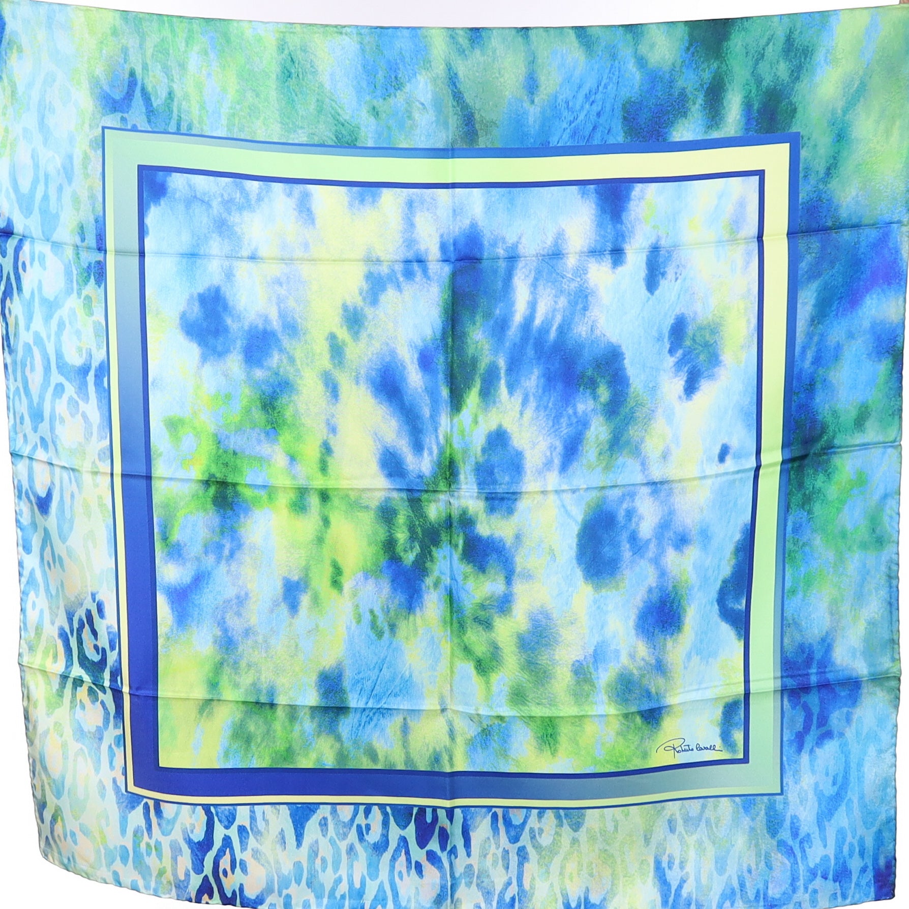Brand New Roberto Cavalli Green and Blue Silk Scarf