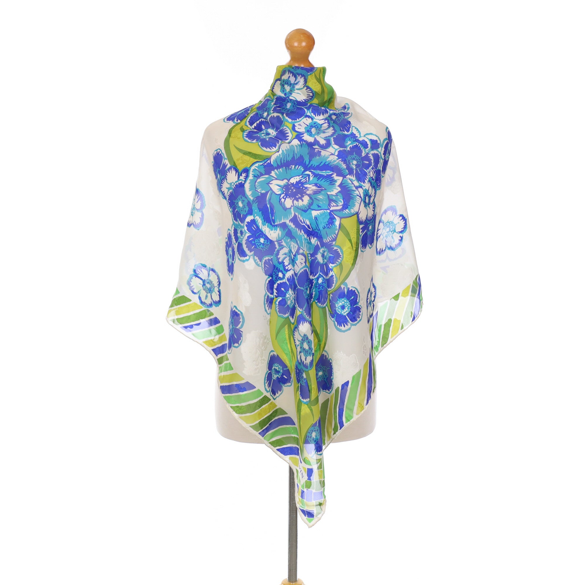 Lanvin Blue and Green Floral Vintage Silk Scarf