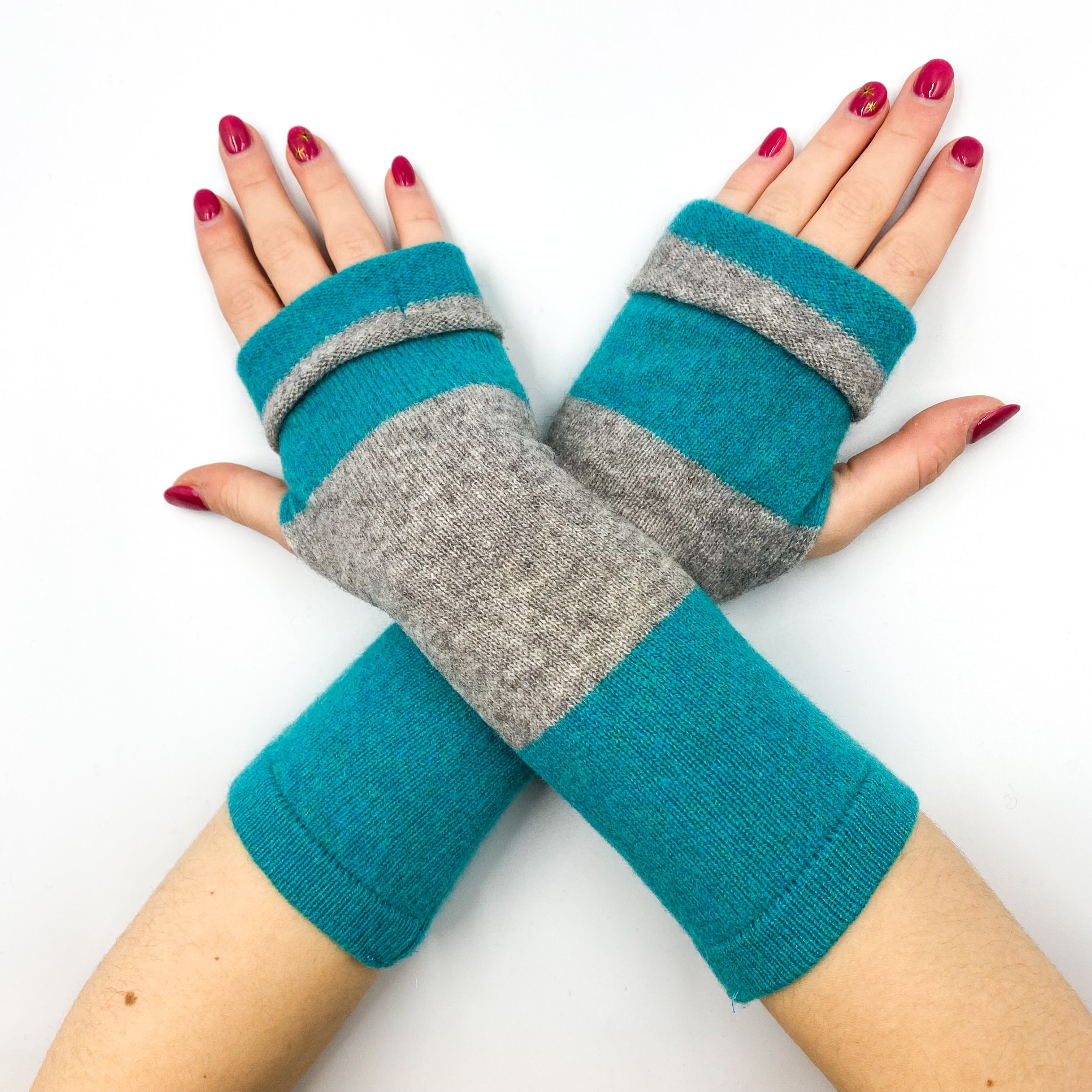 Turquoise and Grey Stripe Fingerless Gloves