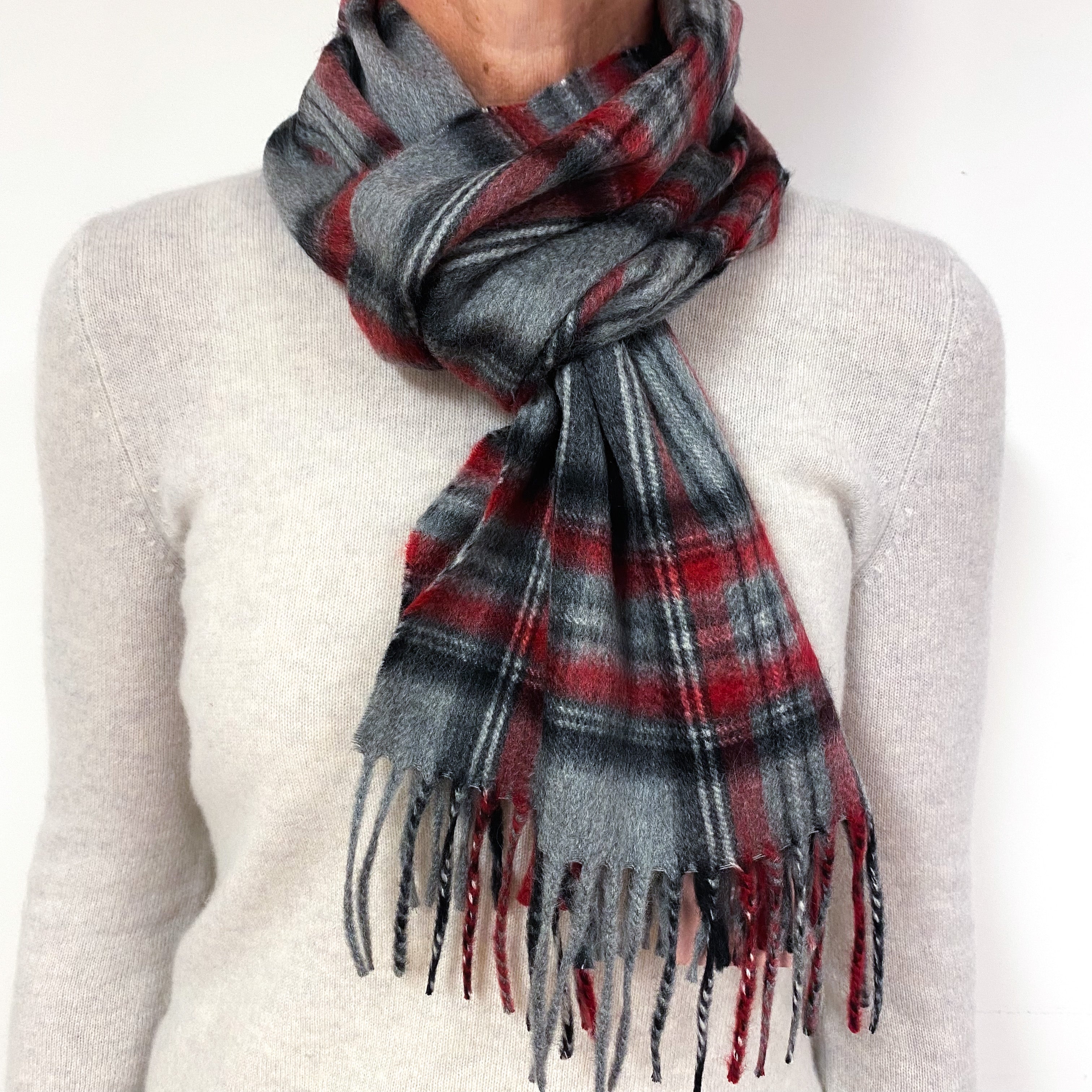 Red, Black and Ash Grey Tartan Cashmere Fringed Woven Scarf