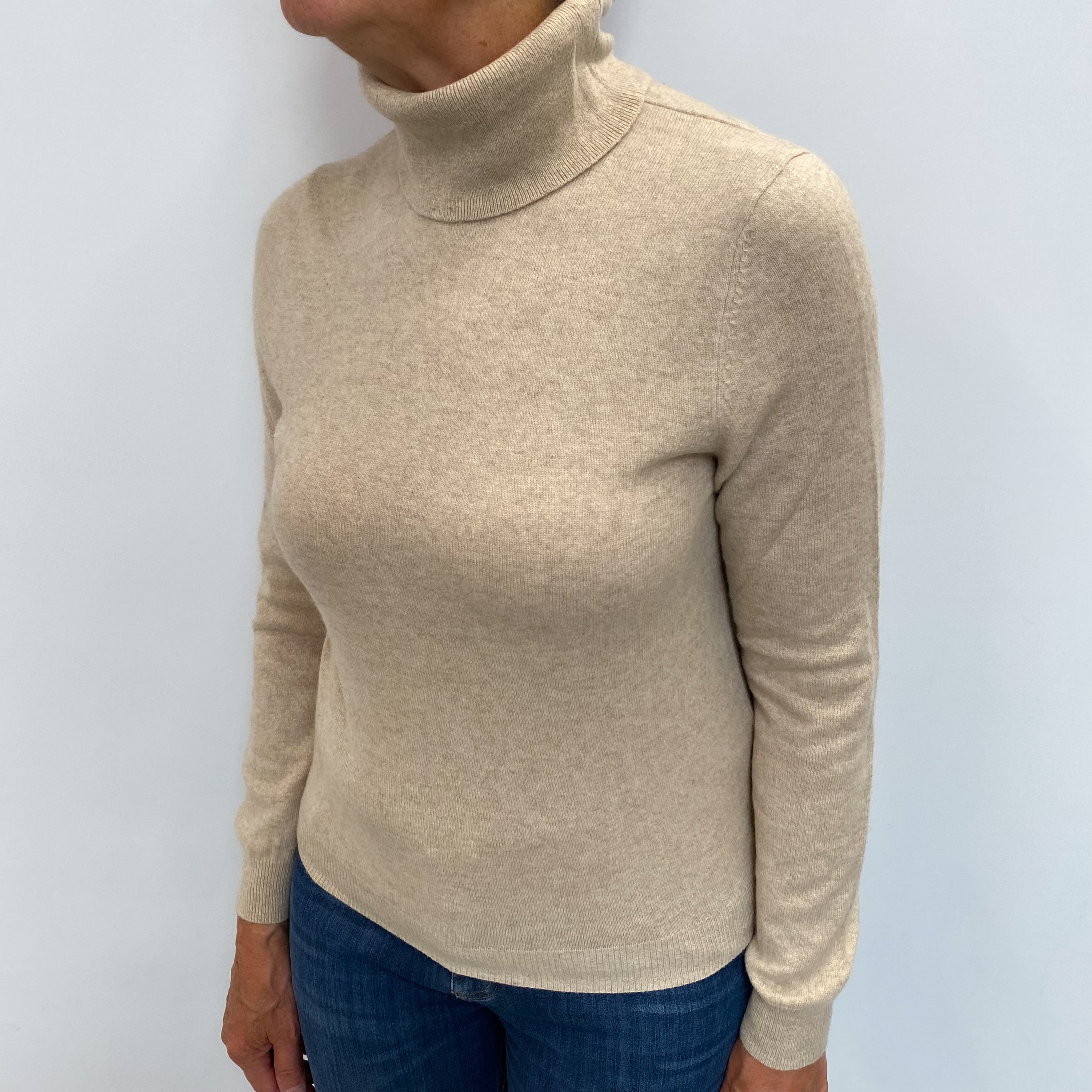 Oatmeal Beige Cashmere Polo Neck Jumper Medium