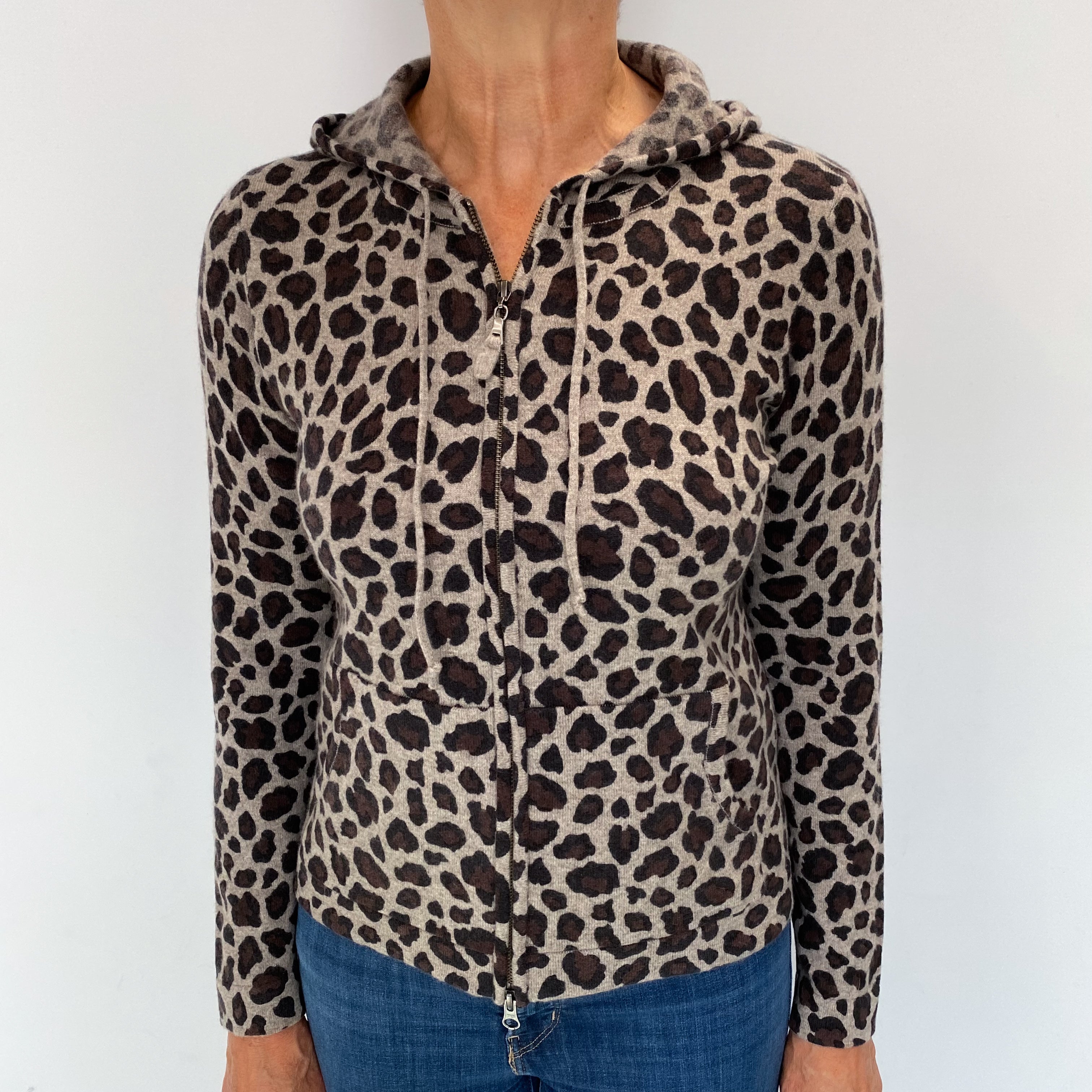 Mocha Brown Animal Print Cashmere Zip Up Hoodie Medium